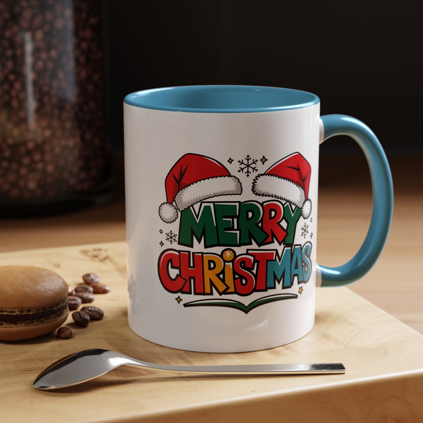Christmas Mug - Merry Christmas Green Red Yellow and Blue Text Red Hats