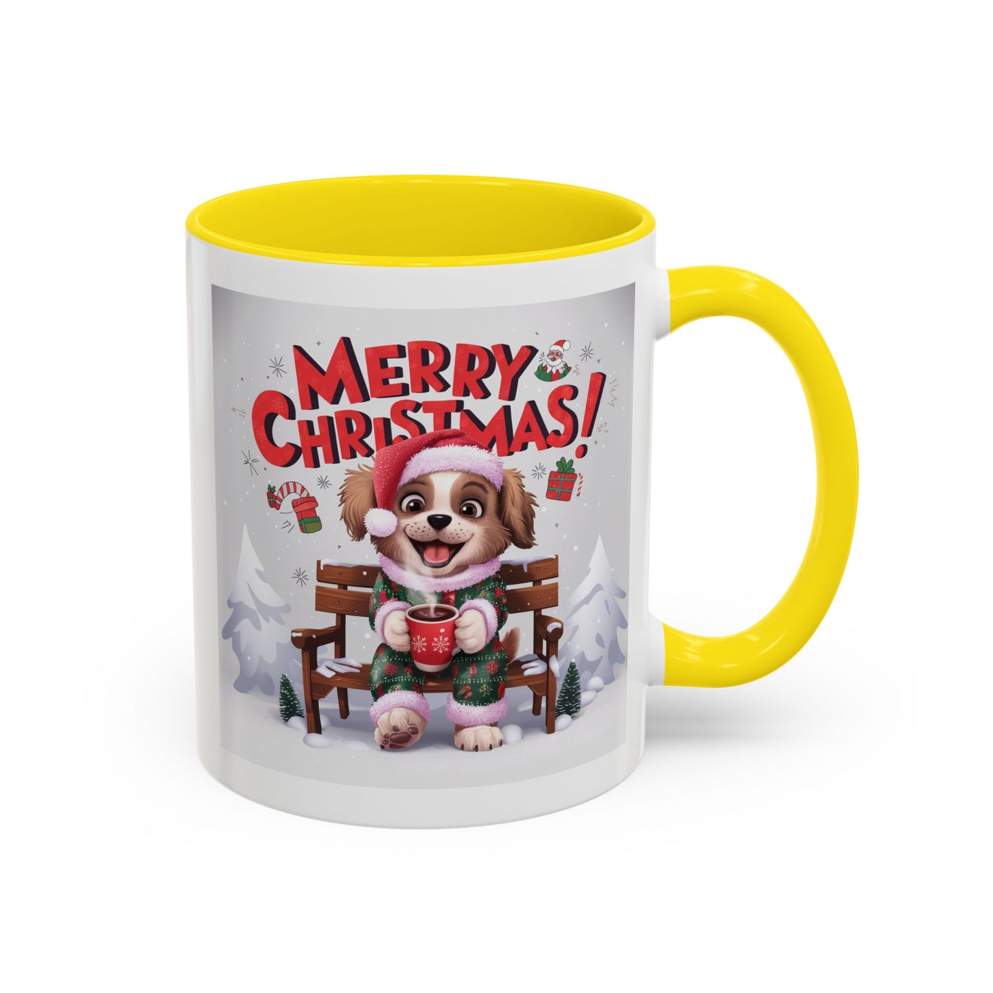 Christmas Mug - Merry Christmas Red Text Puppy Green & Red Top
