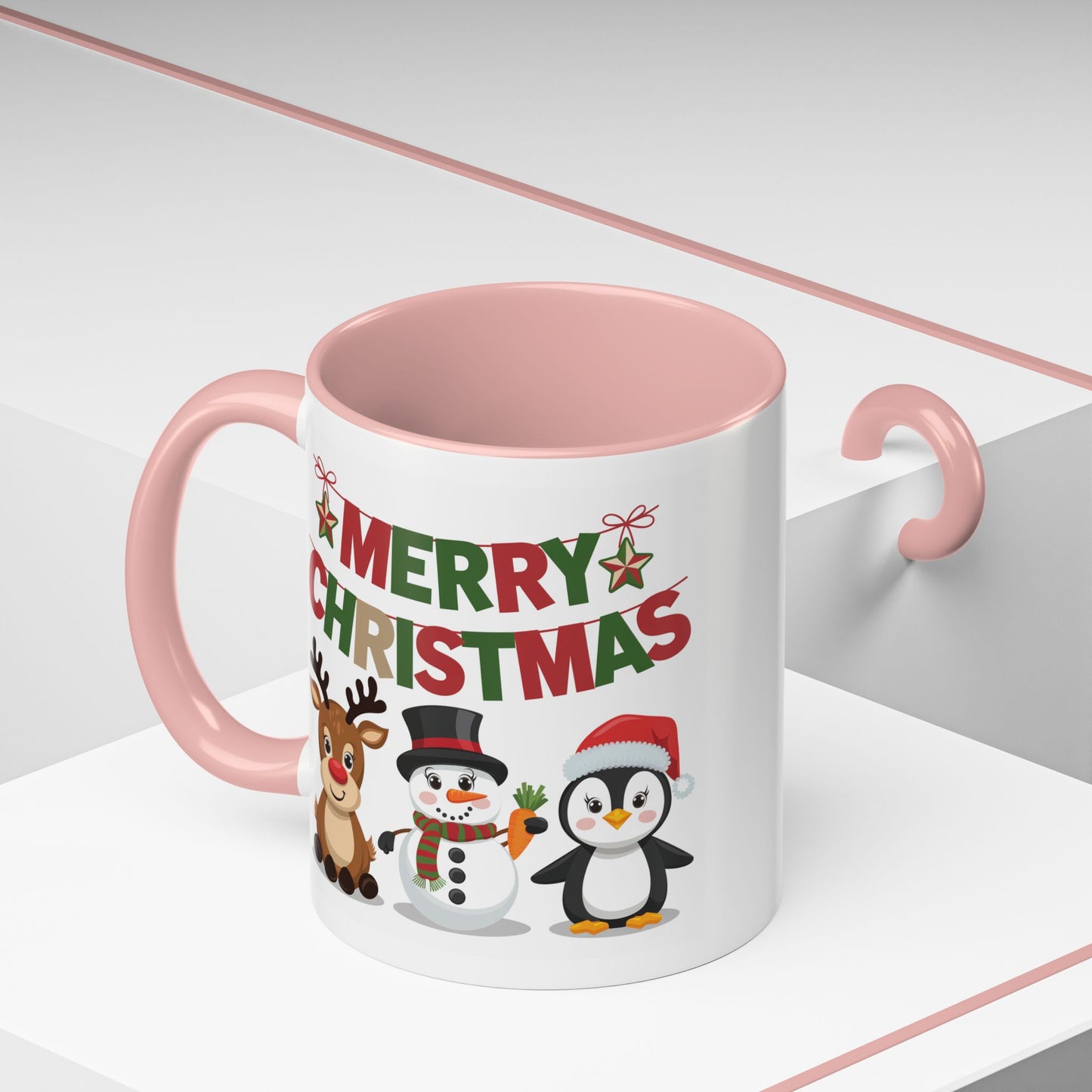 Christmas Mug - Red Green & Gold Text Reindeer Snowman Penguin