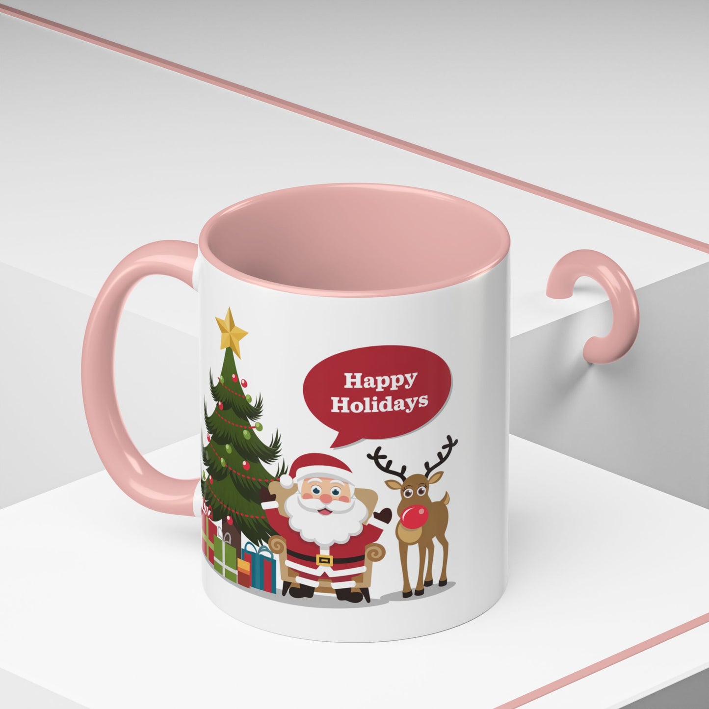 Christmas Mug - Happy Holidays Callout Santa Tree Presents Reindeer