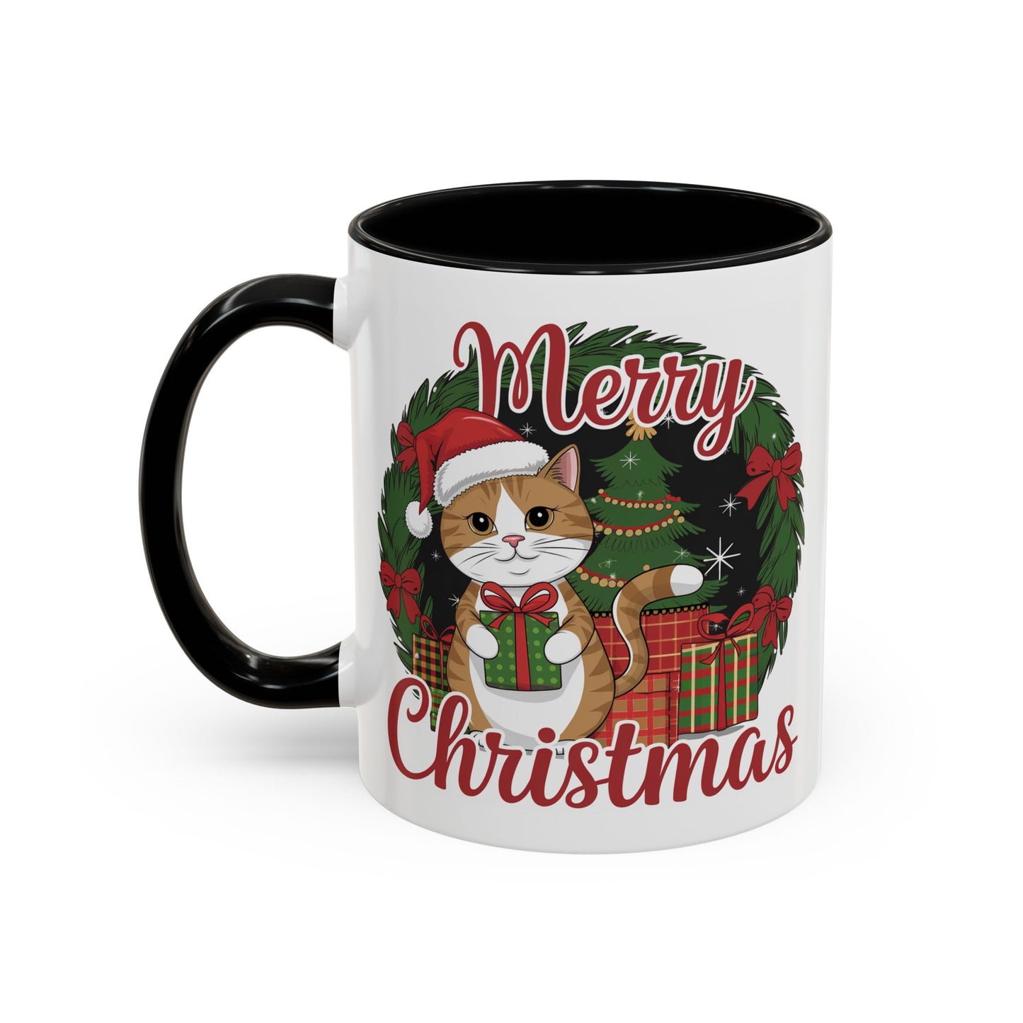 Christmas Mug - Merry Christmas Red Text Cat Presents Wreath