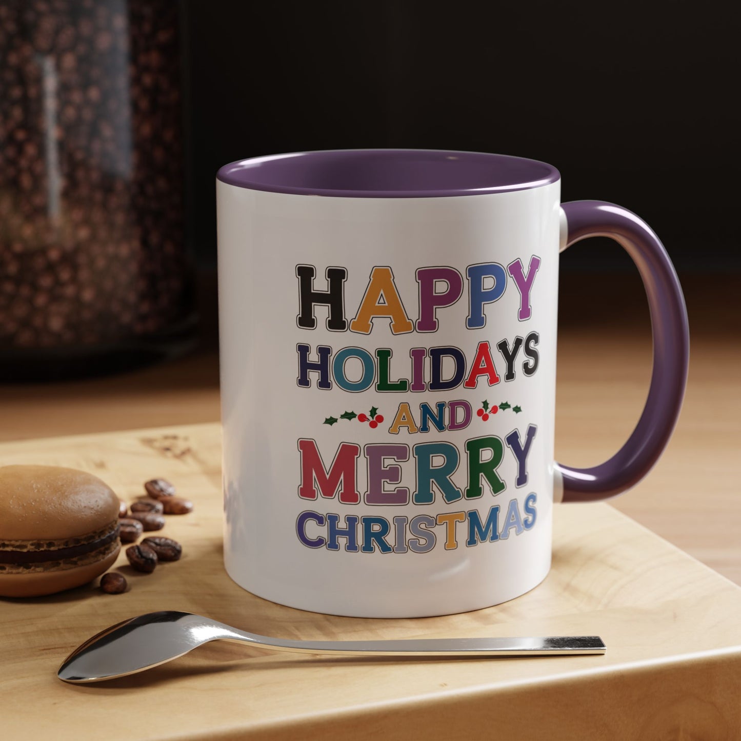 Christmas Mug - Happy Holidays and Merry Christmas Blue Yellow Purple Orange Red Text