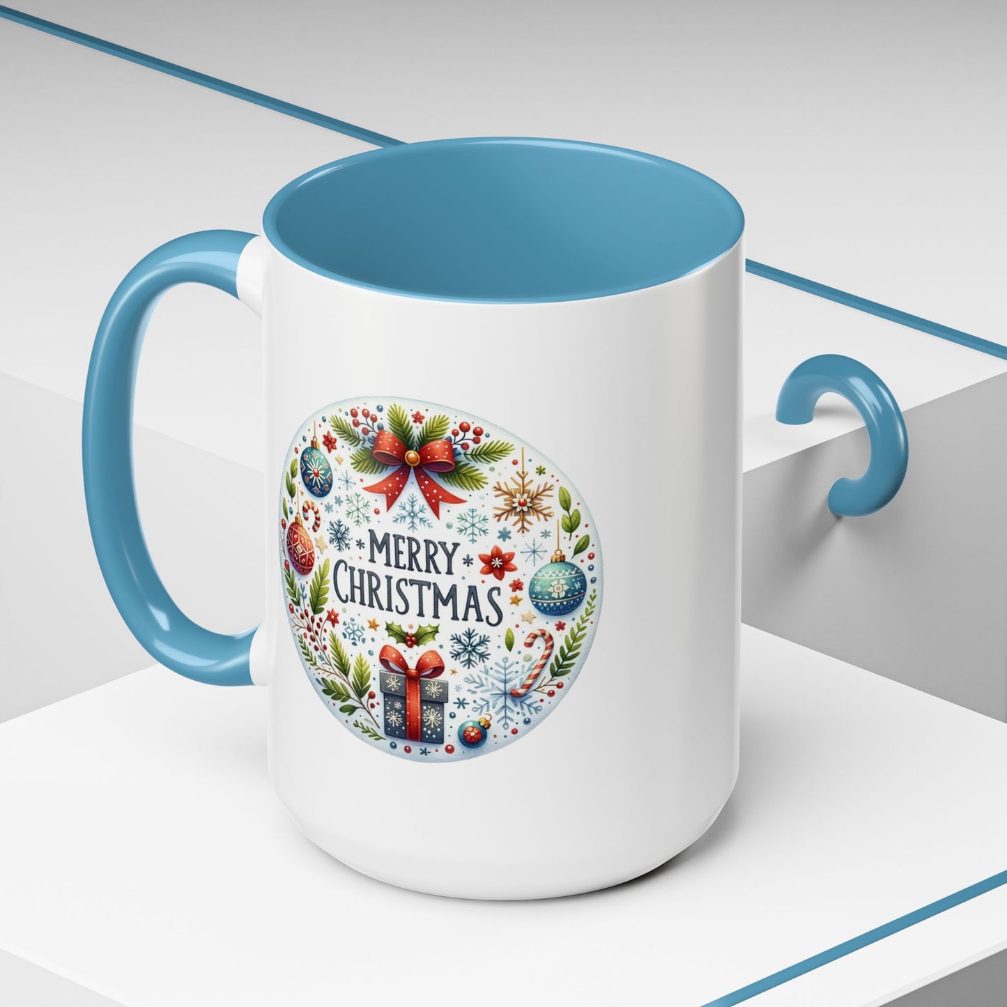 Christmas Mug - Merry Christmas Blue Text Bow Present Ornaments