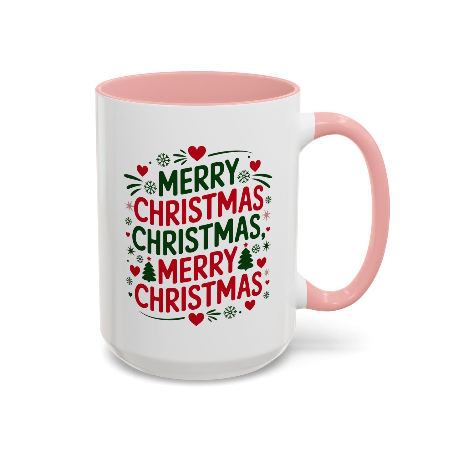 Christmas Mug - Merry Christmas Green & Red Text Trees Hearts Snowflakes Stars