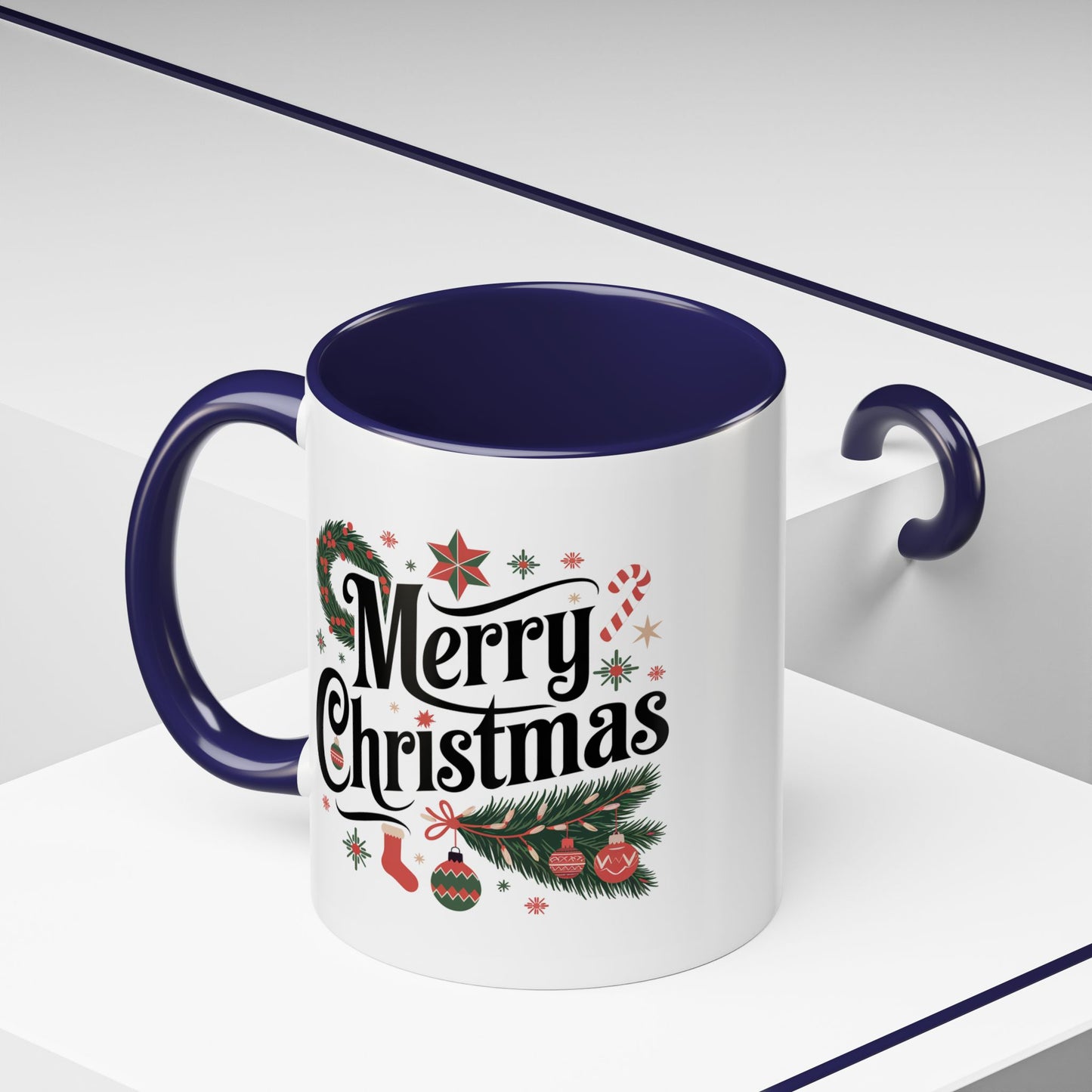Christmas Mug - Merry Christmas Black Text Star Stocking Ornament Candy Cane