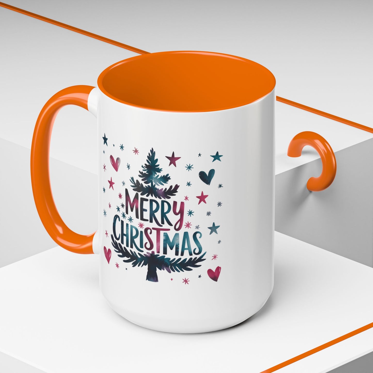 Christmas Mug - Merry Christmas Maroon & Blue Text Tree Hearts Stars