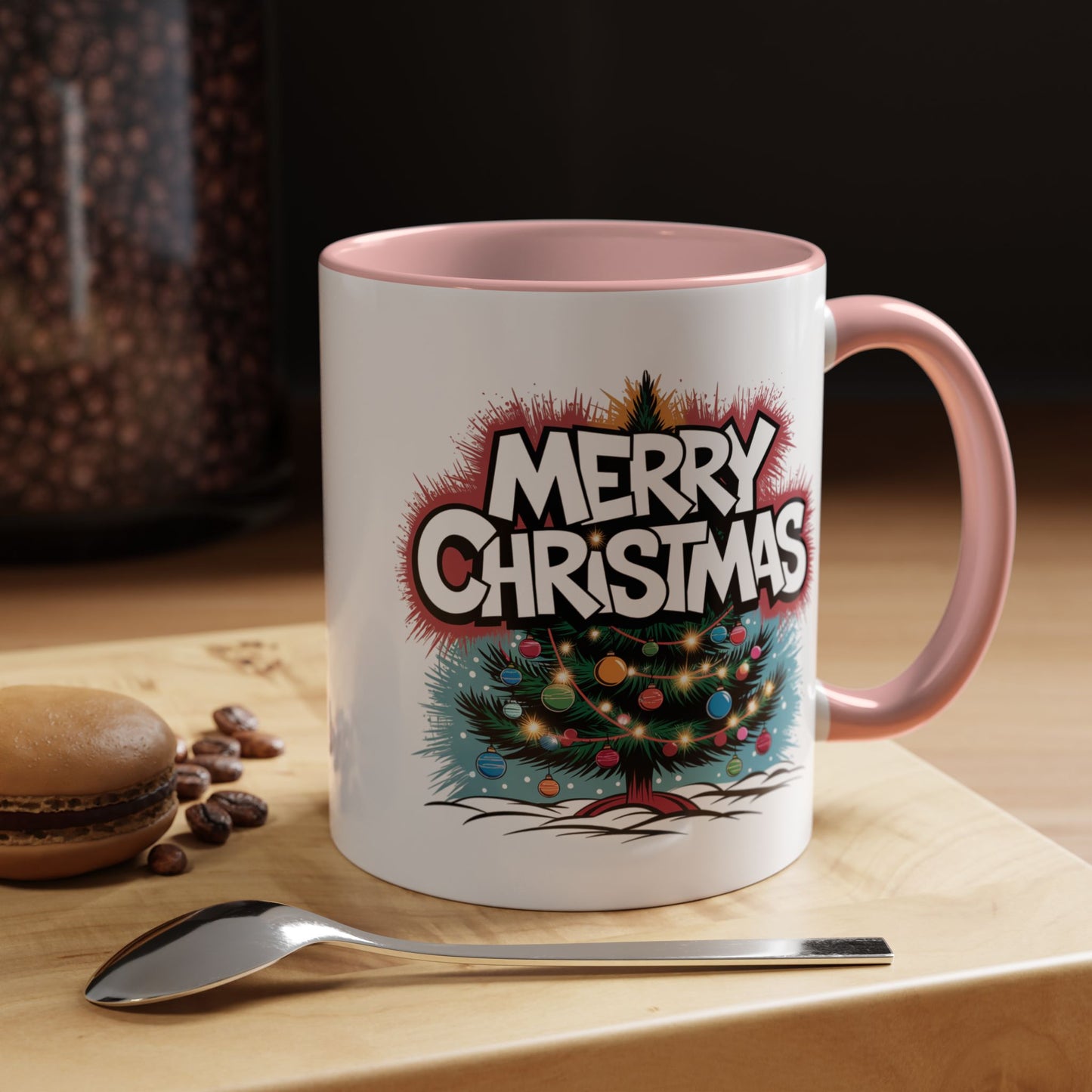 Christmas Mug - Merry Christmas White & Red Text Tree Lights