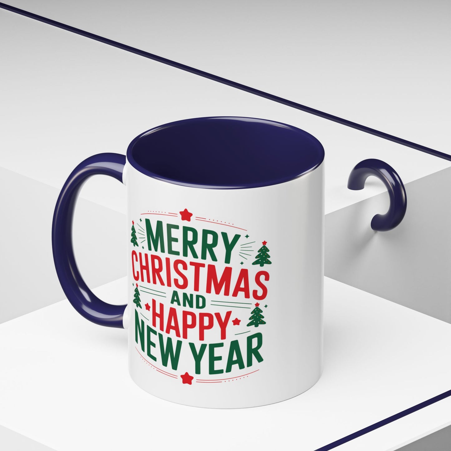 Christmas Mug - Merry Christmas and a Happy New Year Green & Red Text Trees Stars