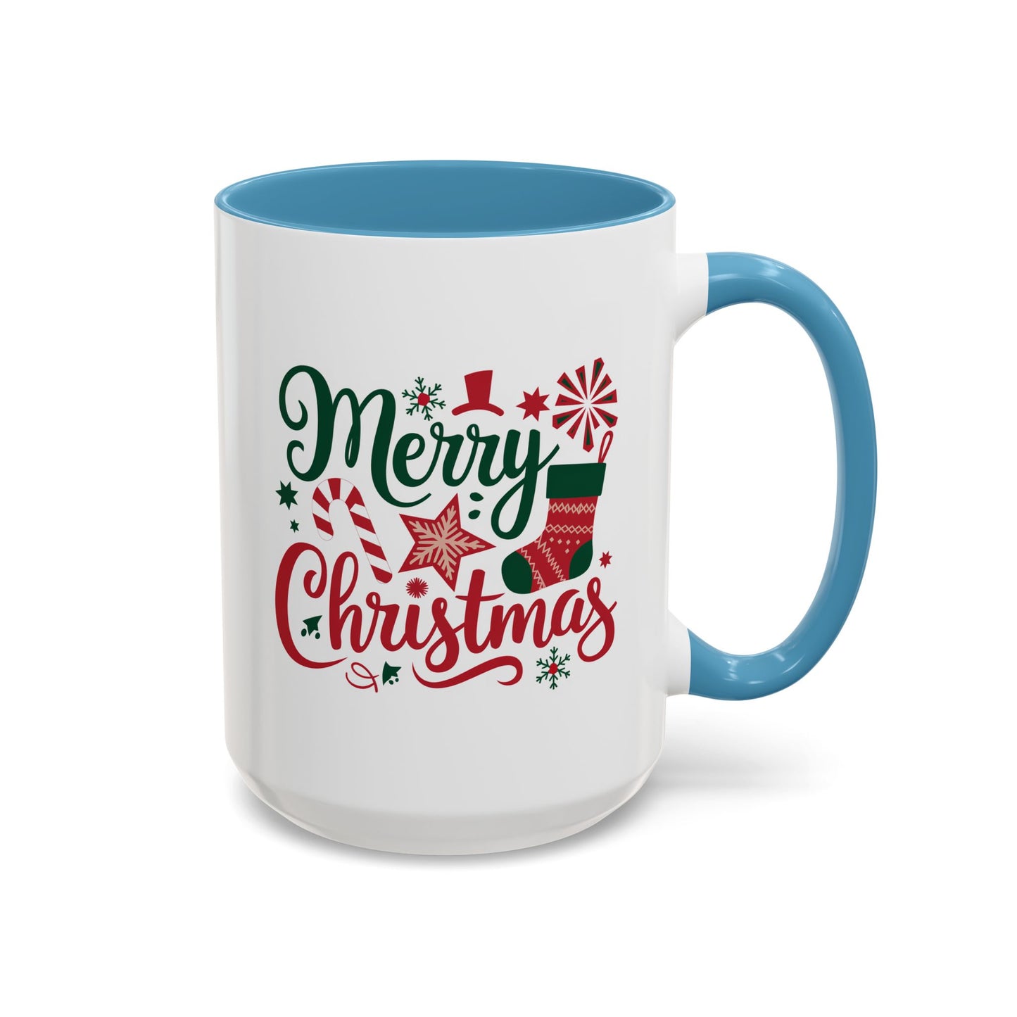 Christmas Mug - Merry Christmas Green & Red Text Star Candy Cane Stocking Snowflake