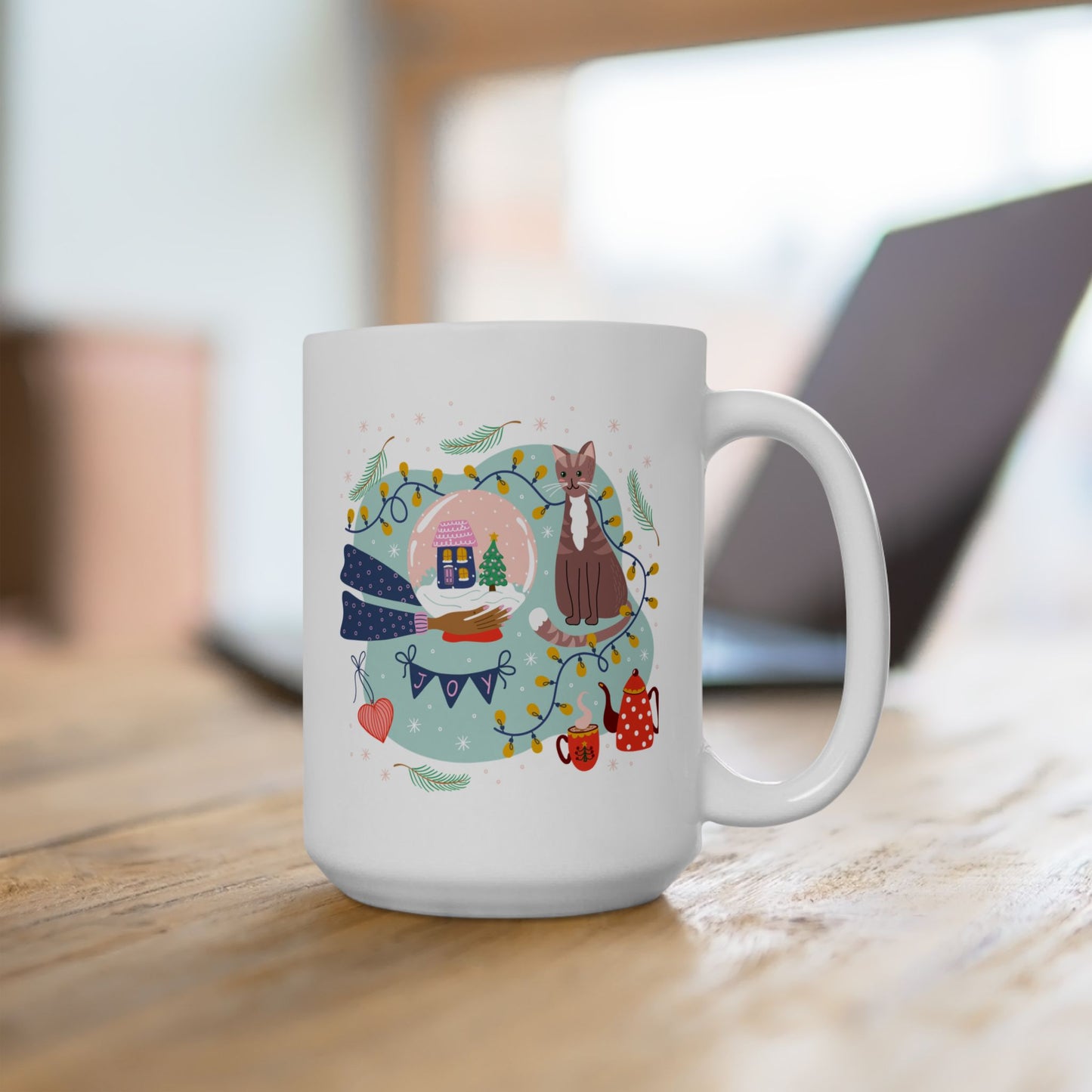 Christmas Mug - Joy Cat Snow Globe Heart Cup Lights