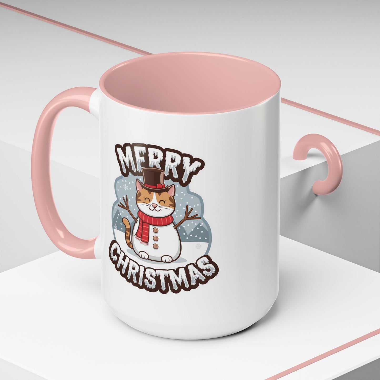 Christmas Mug - Merry Christmas Black & White Text Snowman Cat