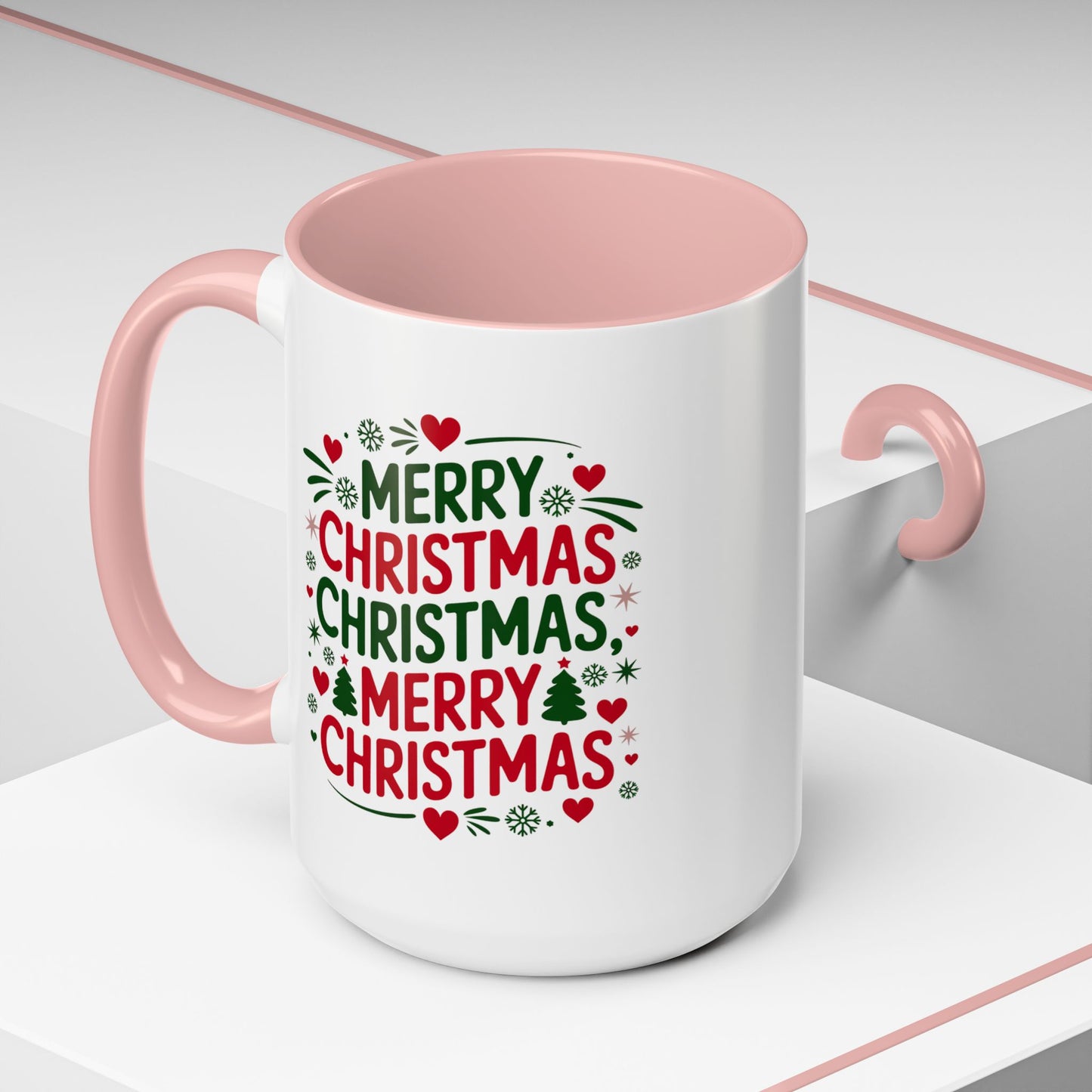Christmas Mug - Merry Christmas Green & Red Text Trees Hearts Snowflakes Stars
