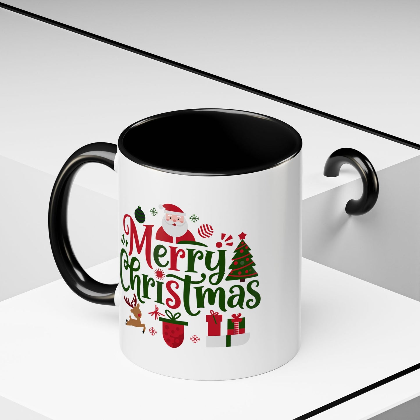 Christmas Mug - Merry Christmas Red & Green Text Santa Reindeer Tree Sleigh Ornaments