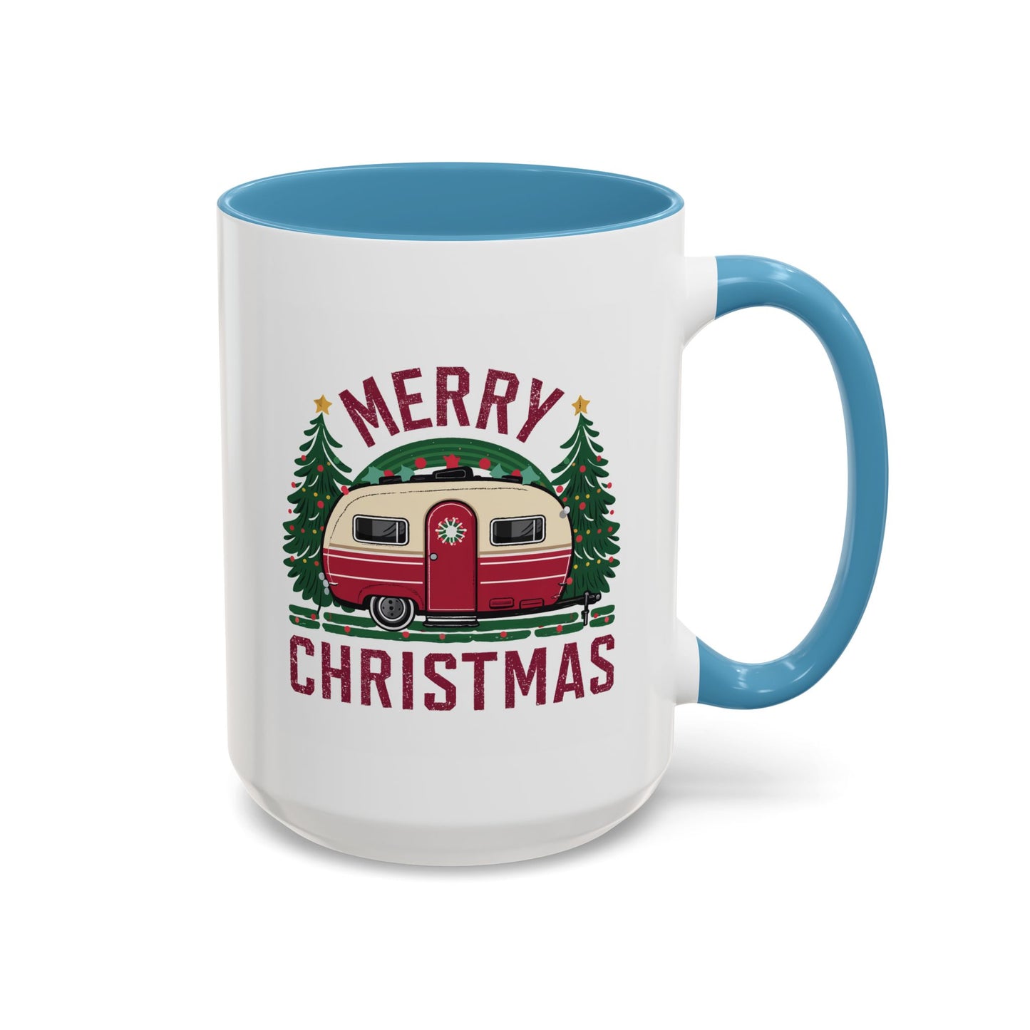 Christmas Mug - Merry Christmas Maroon Text Camper Trees