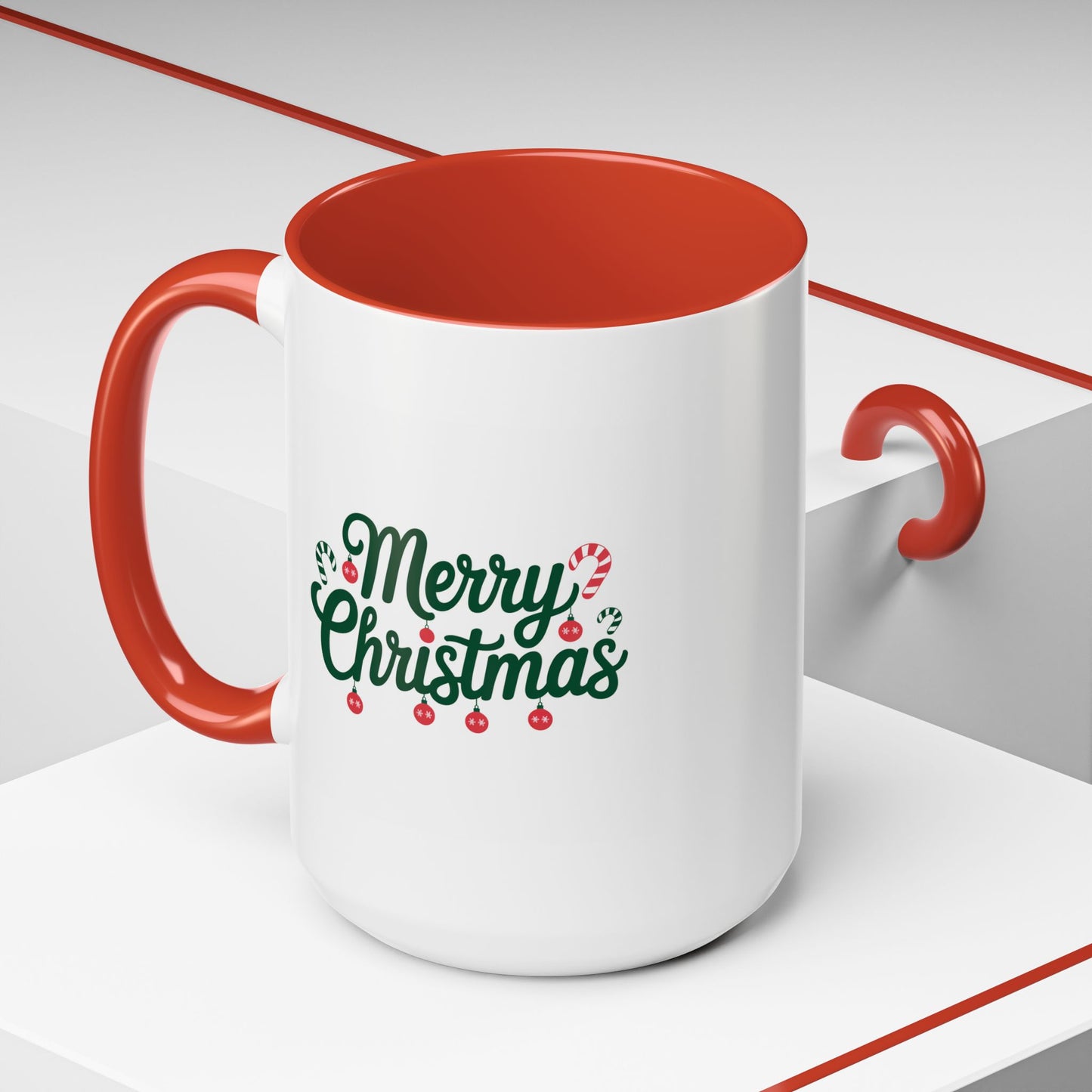 Christmas Mug - Merry Christmas Green Text Ornaments Candy Canes