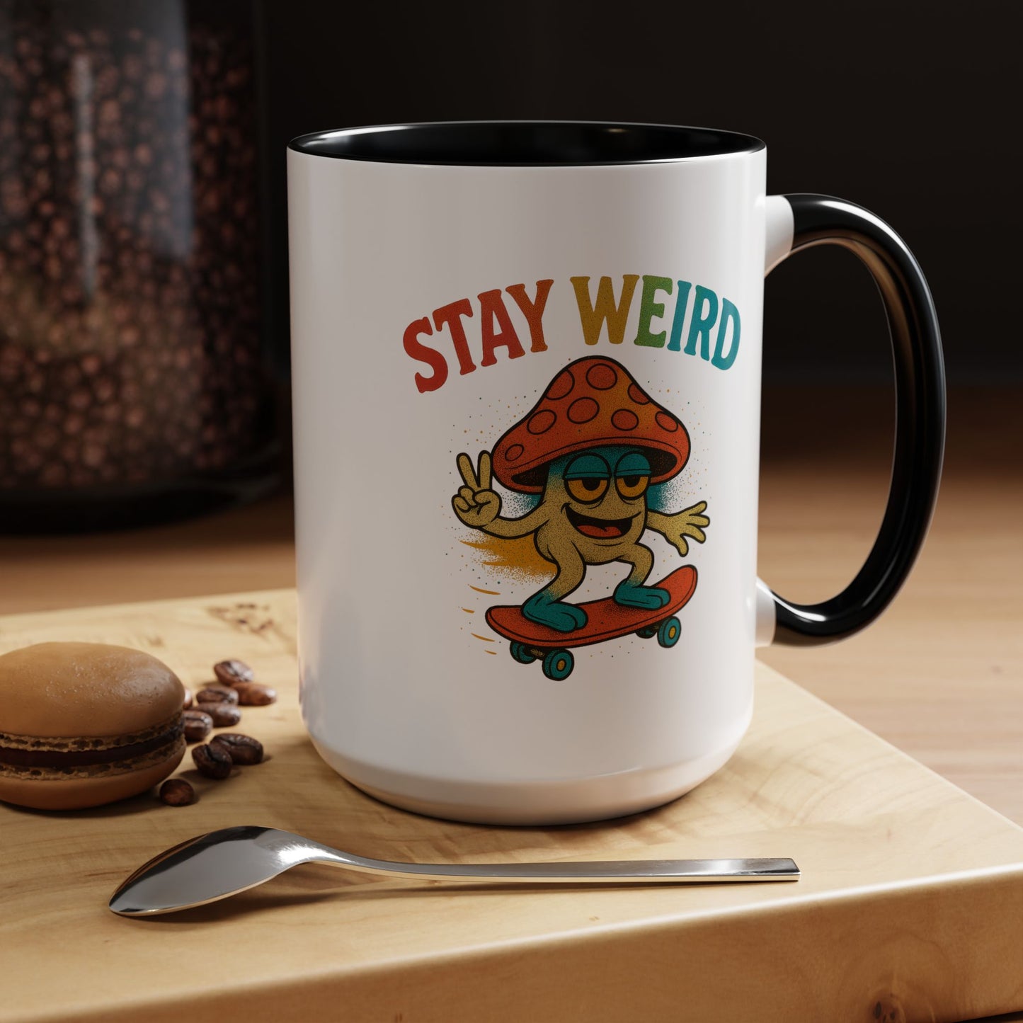 Humor Mug - Stay Weird Mushroom Skateboard