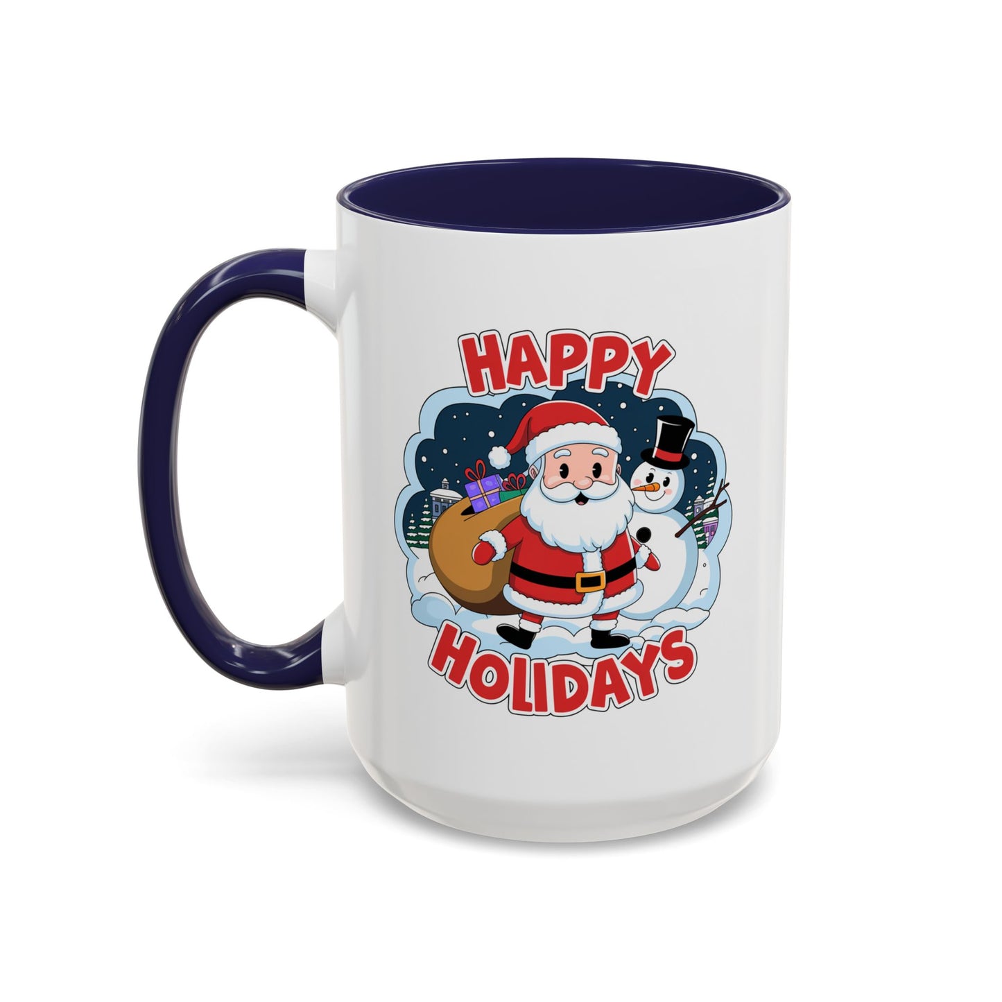 Christmas Mug - Happy Holidays Red & White Text Santa Snowman