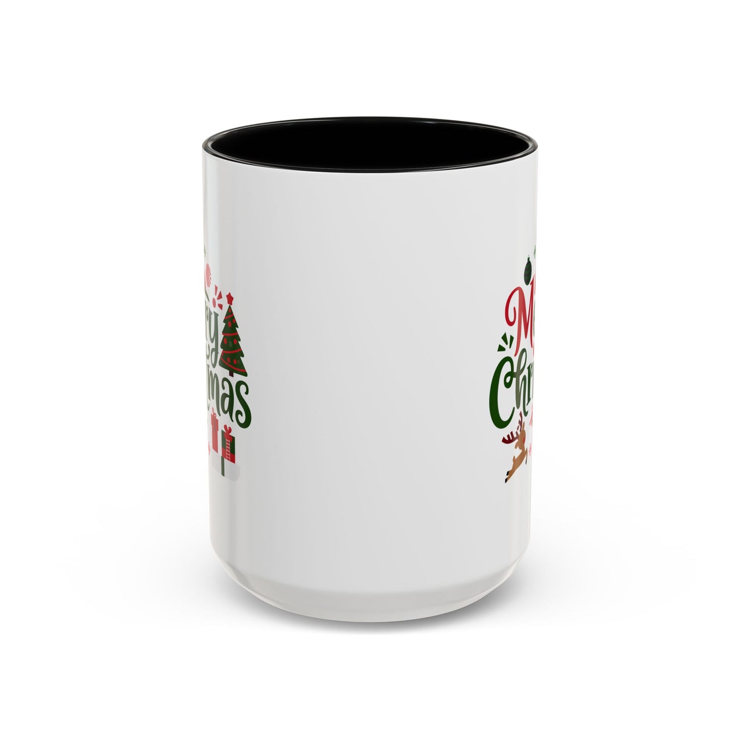 Christmas Mug - Merry Christmas Red & Green Text Santa Reindeer Tree Sleigh Ornaments