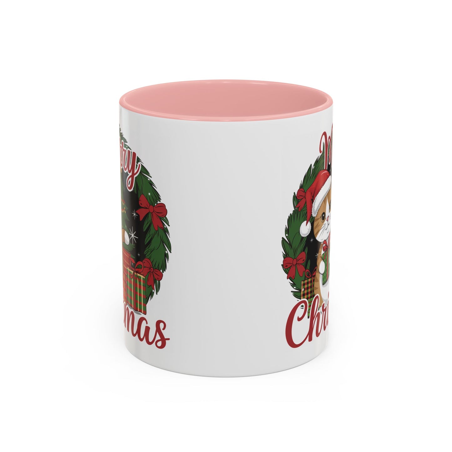 Christmas Mug - Merry Christmas Red Text Cat Presents Wreath