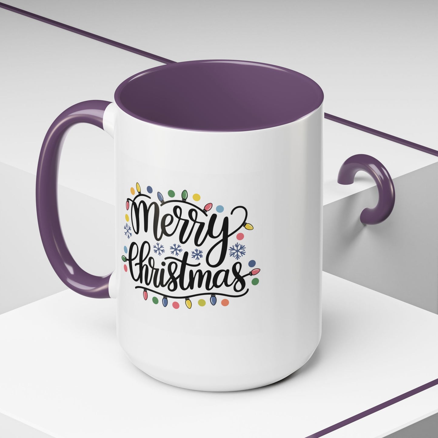 Christmas Mug - Merry Christmas Black Text Colored Lights