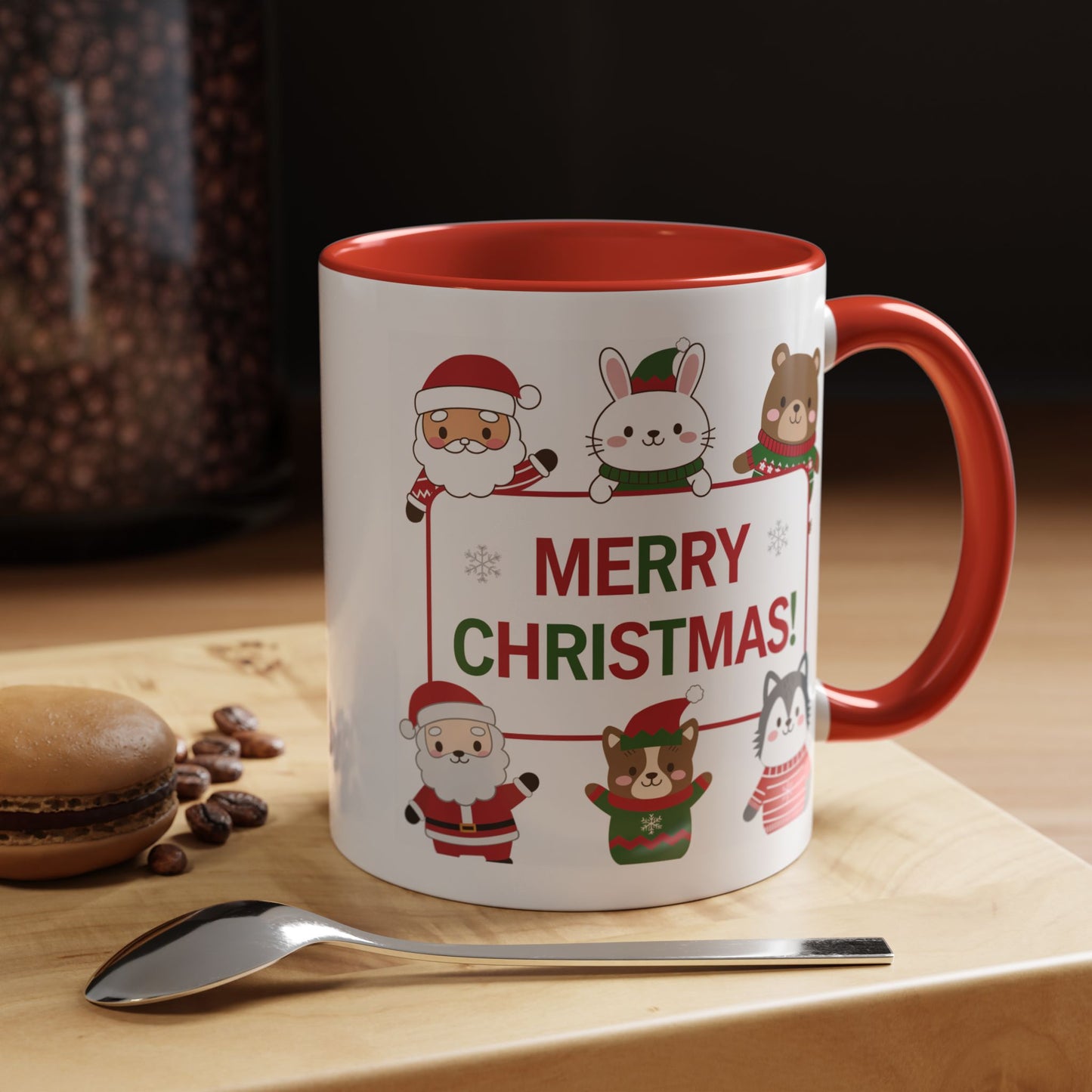 Christmas Mug - Merry Christmas Red & Green Text Santa Cute Animals