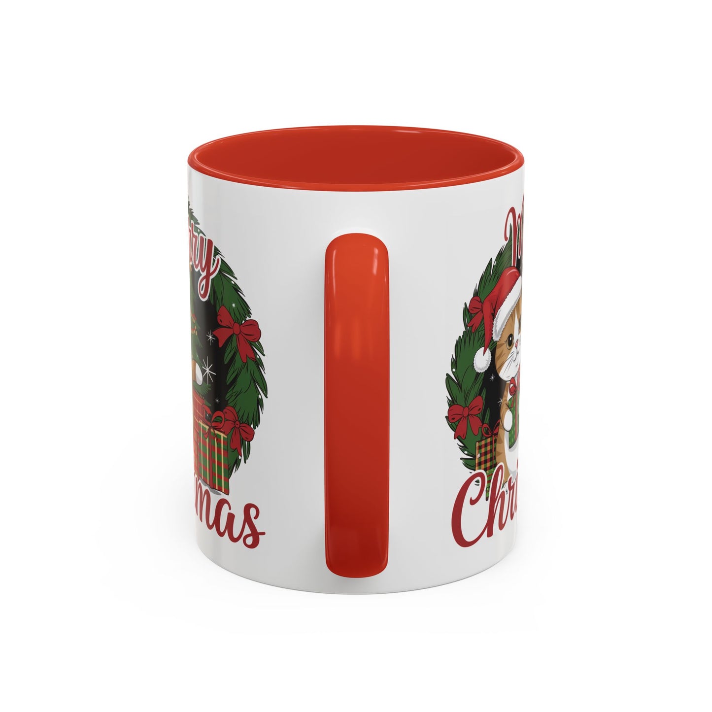 Christmas Mug - Merry Christmas Red Text Cat Presents Wreath