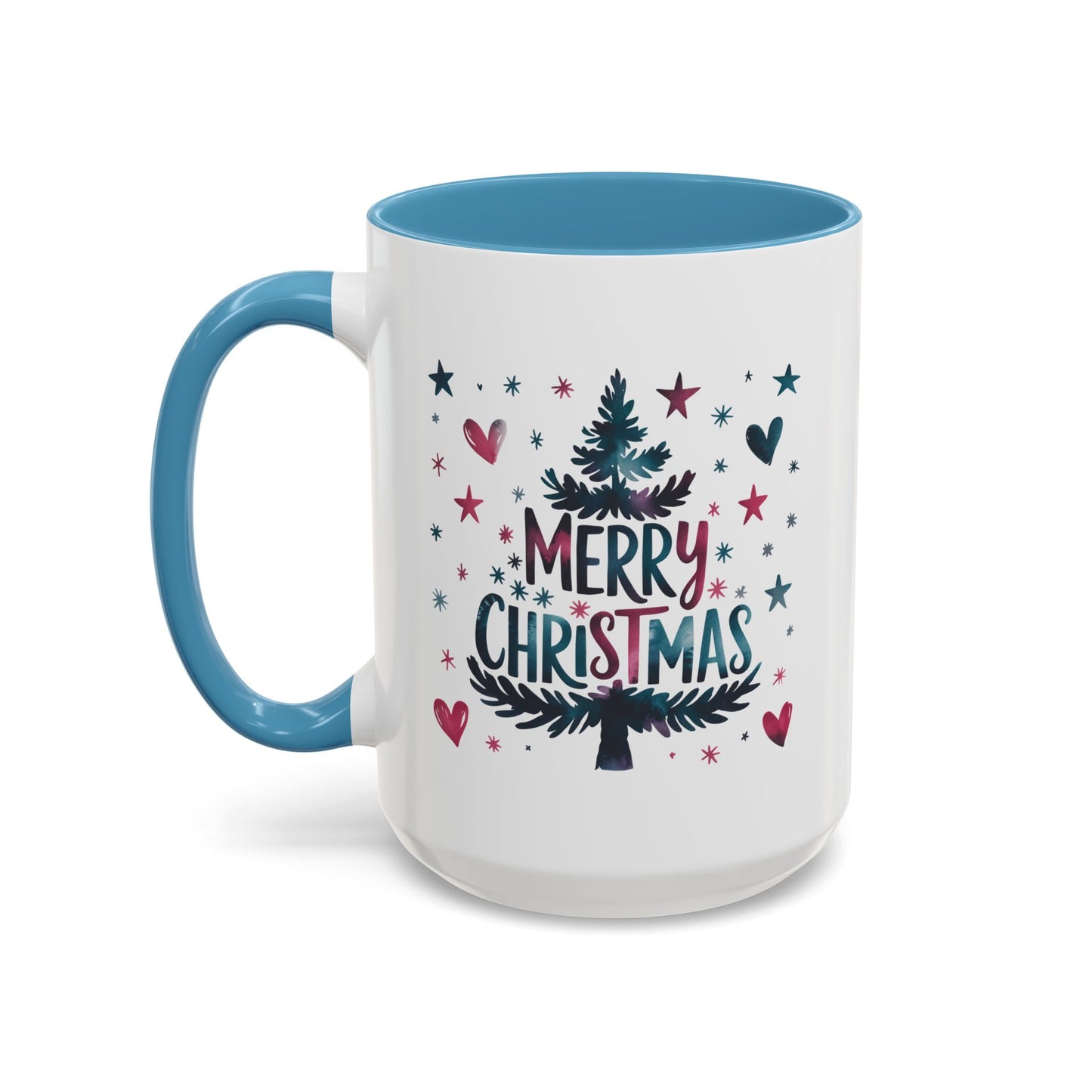 Christmas Mug - Merry Christmas Maroon & Blue Text Tree Hearts Stars