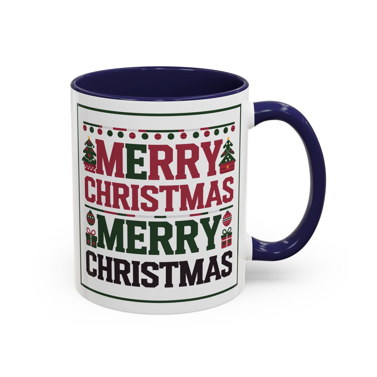 Christmas Mug - Merry Christmas Red Green & Black Text Trees Presents