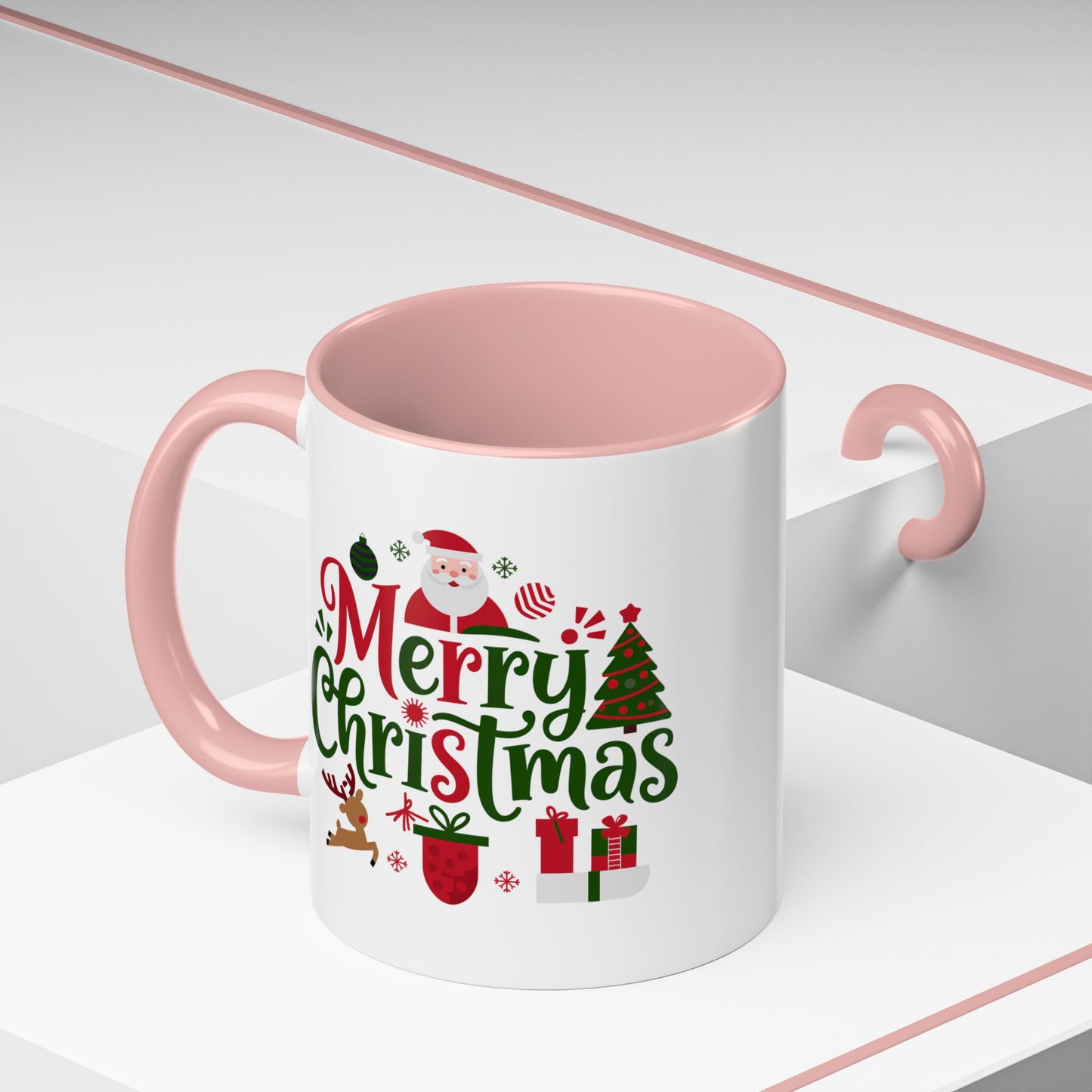 Christmas Mug - Merry Christmas Red & Green Text Santa Reindeer Tree Sleigh Ornaments