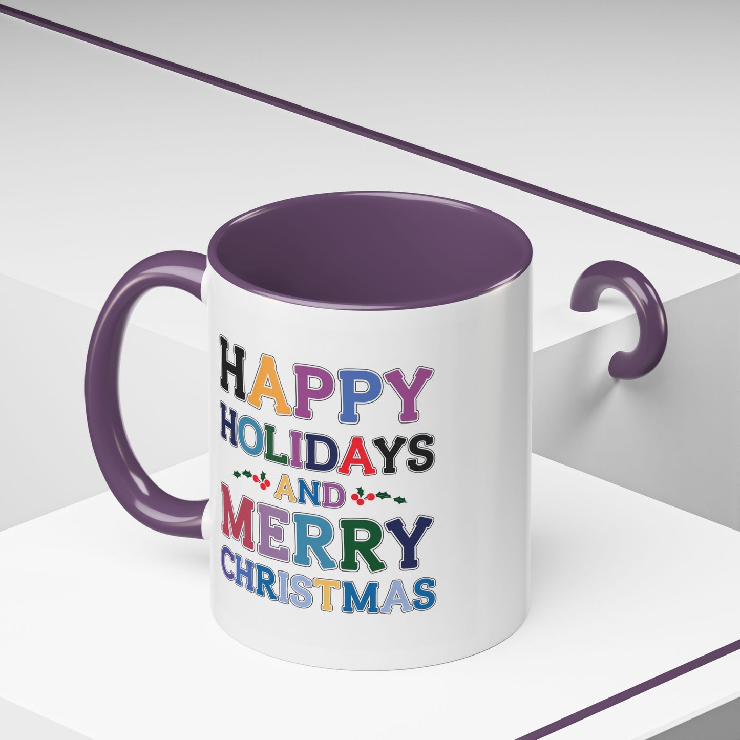 Christmas Mug - Happy Holidays and Merry Christmas Blue Yellow Purple Orange Red Text