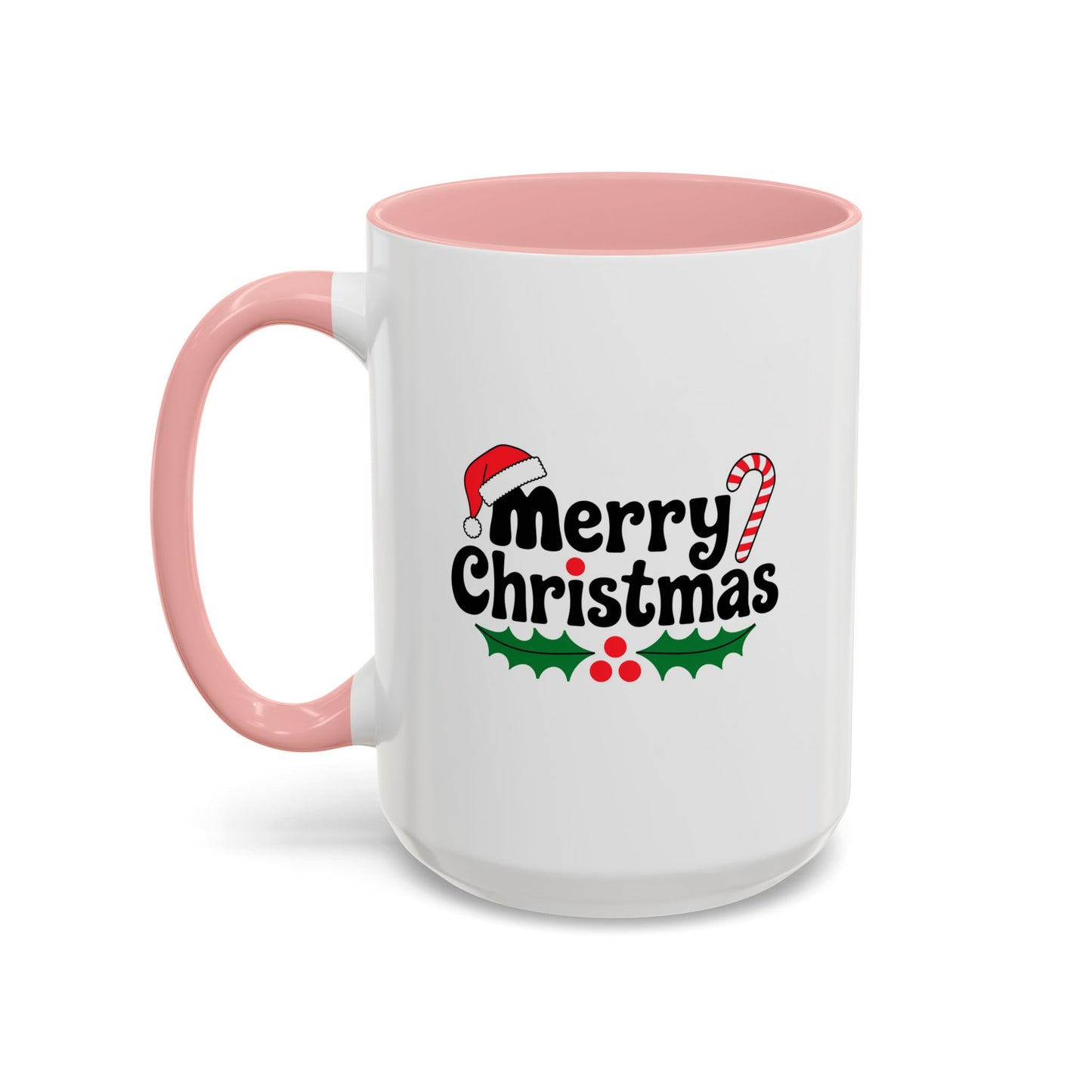 Christmas Mug - Merry Christmas Black Text Hat Cane Misletoe