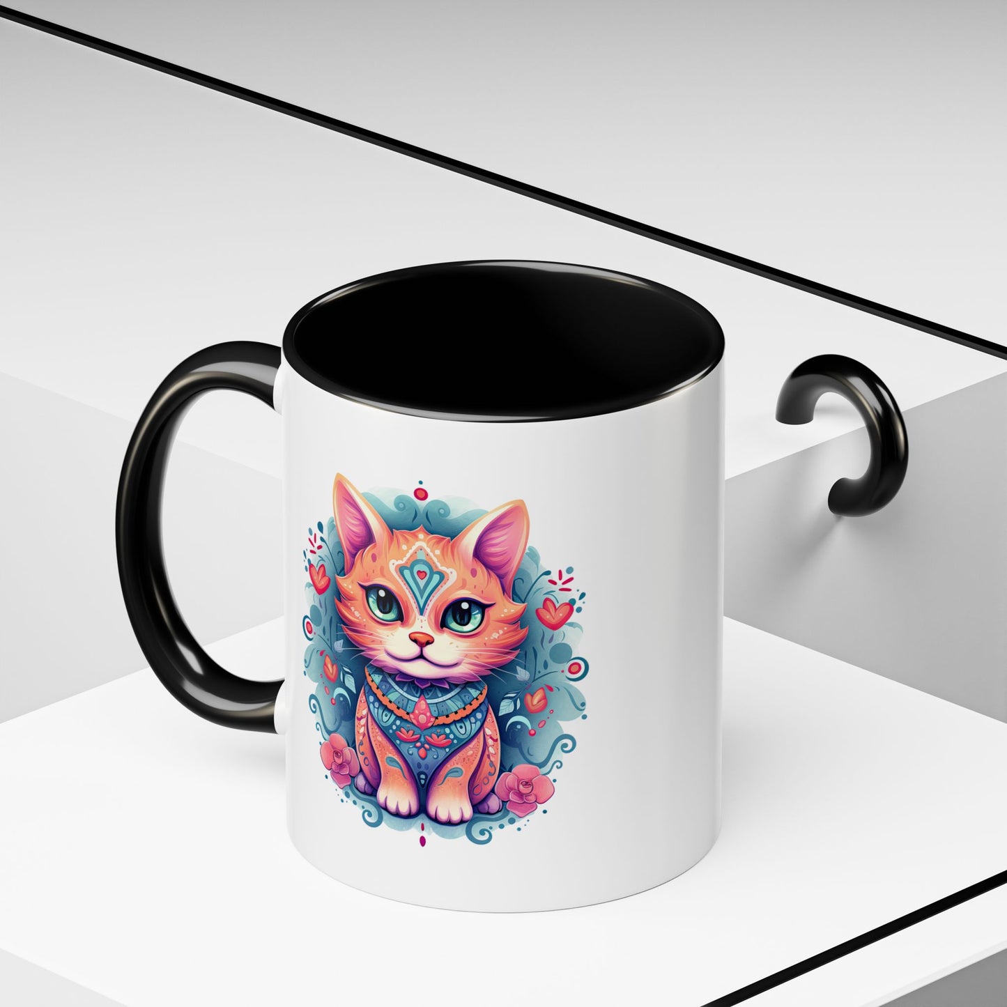 Animal  - Mystic Cat Turquoise & Coral Flowers