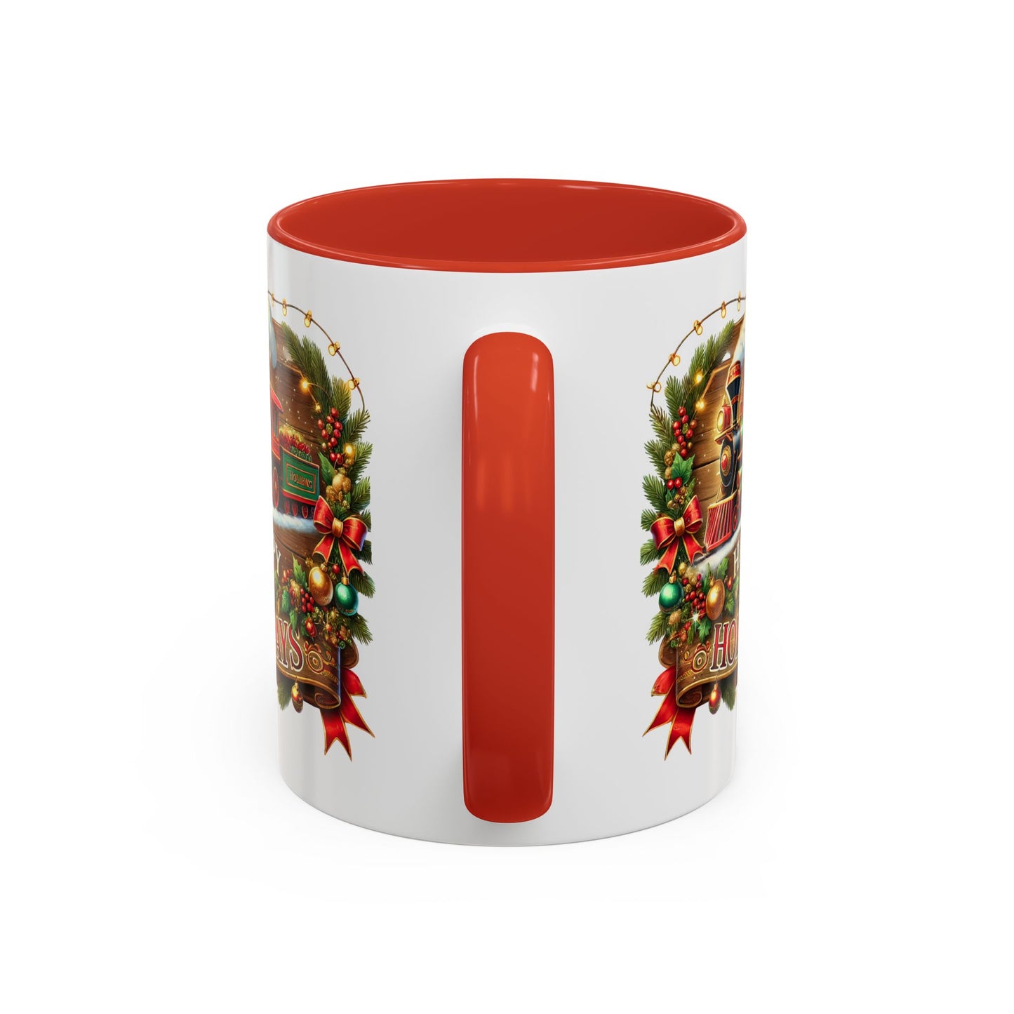 Christmas Mug - Happy Holidays White & Red Text Steam Locomotive