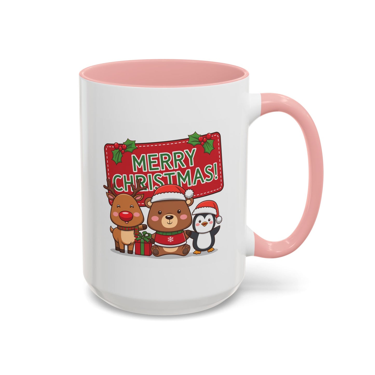 Christmas Mug - Green Text Red Banner Reindeer Bear Penguin