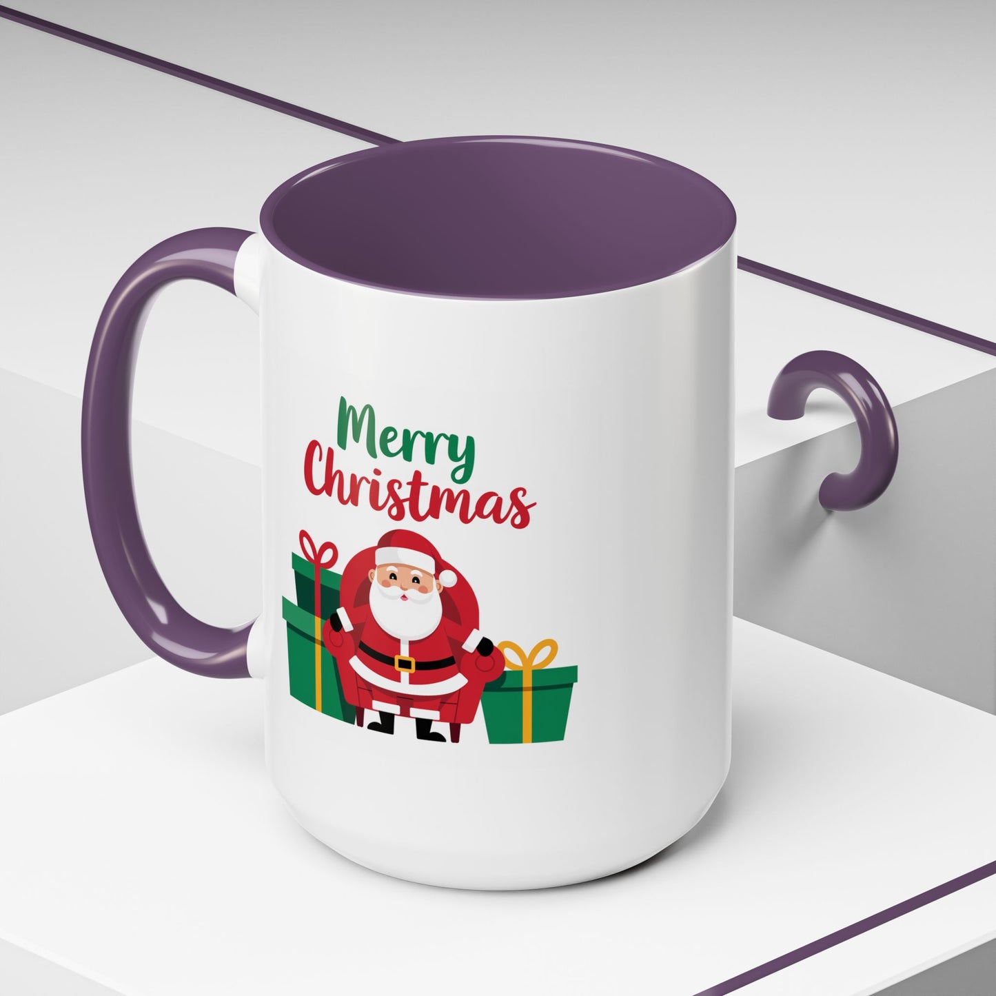 Christmas Mug - Merry Christmas Green & Red Text Santa Presents