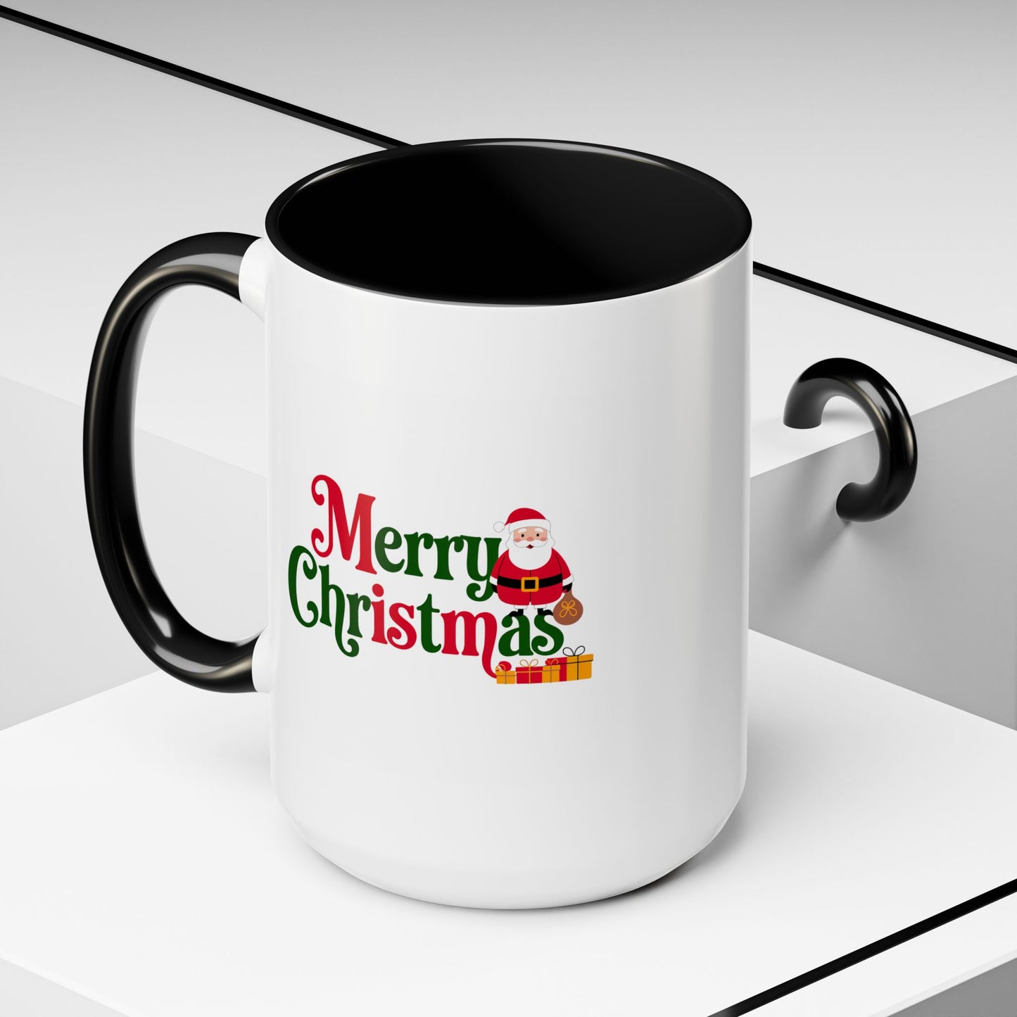 Christmas Mug - Merry Christmas Green & Red Text Santa Presents