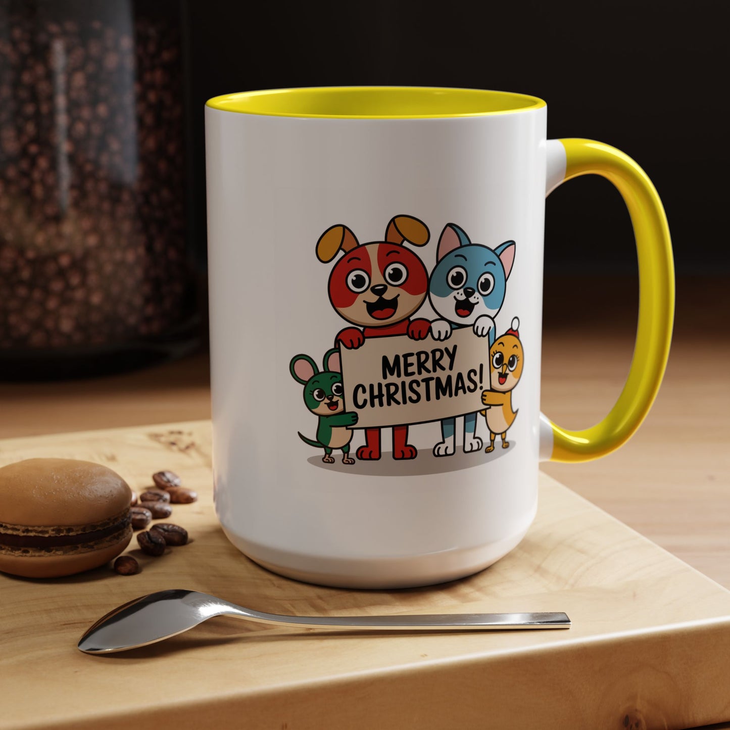 Christmas Mug - Merry Christmas Black Text Mouse Dog Cat Bird