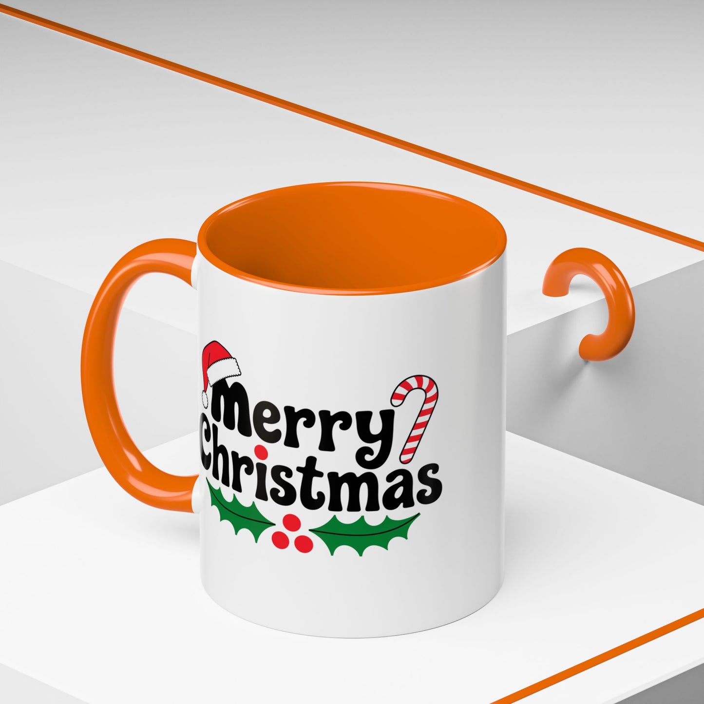 Christmas Mug - Merry Christmas Black Text Hat Candy Cane Mistletoe