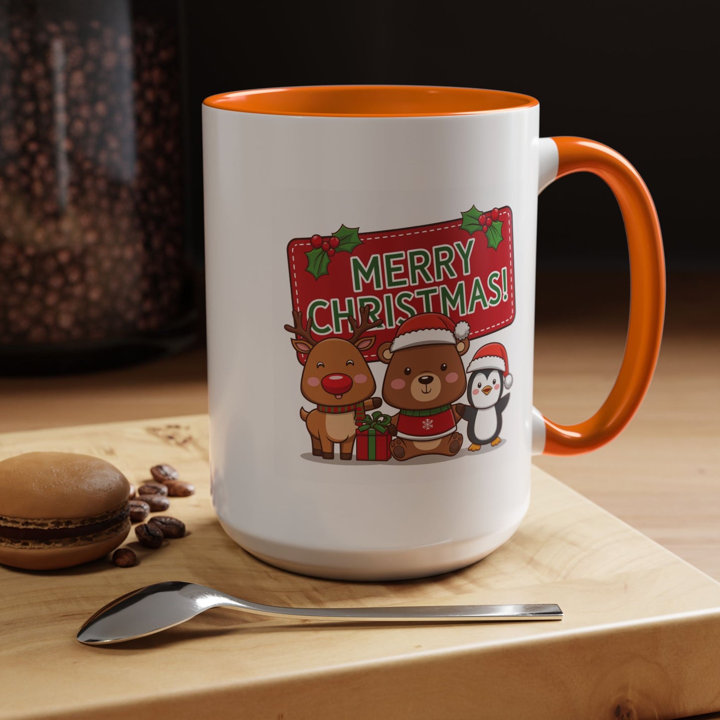 Christmas Mug - Green Text Red Banner Reindeer Bear Penguin