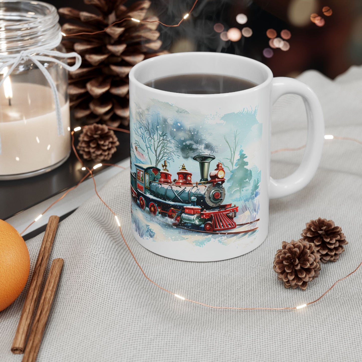 Christmas Mug - Snowman Trees Train