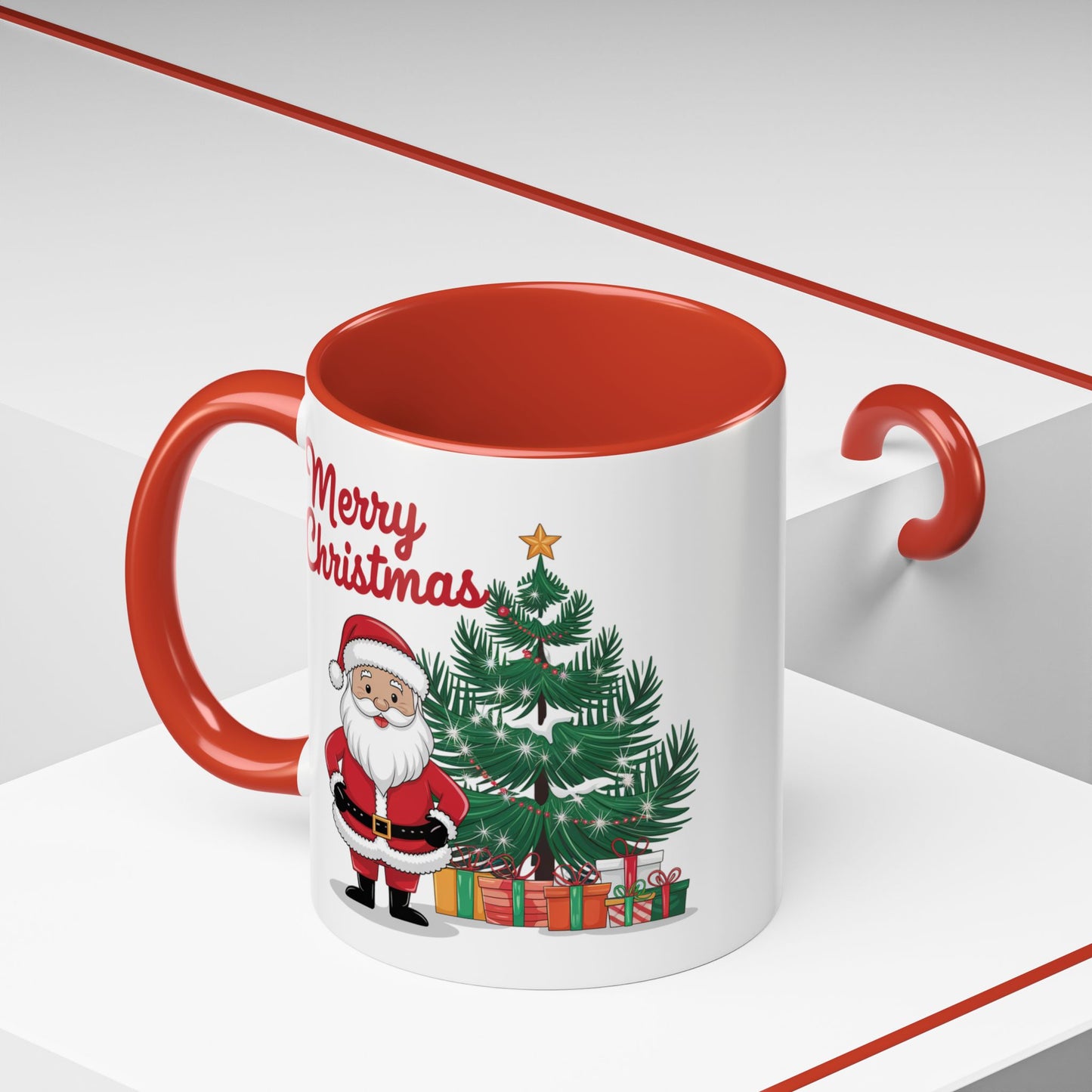 Christmas Mug - Merry Christmas Red Text Santa Tree Presents