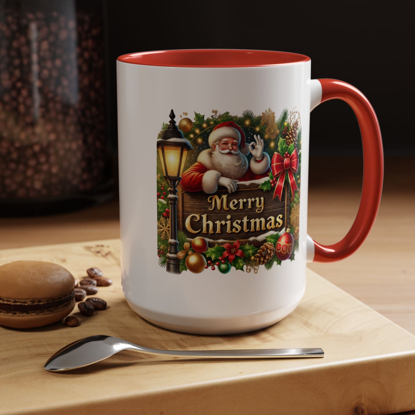 Christmas Mug - Merry Christmas Cream Text Santa Ok Light Bow Ornaments