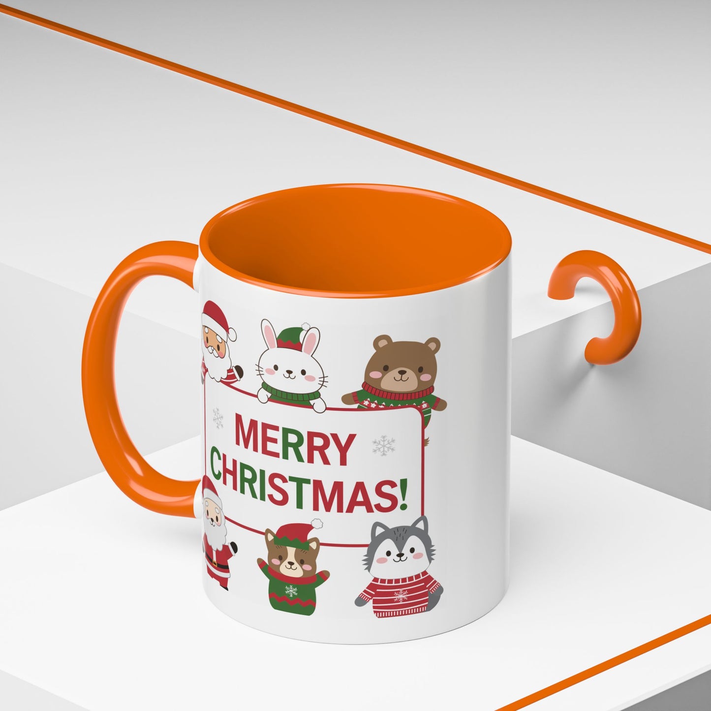 Christmas Mug - Merry Christmas Red & Green Text Santa Cute Animals
