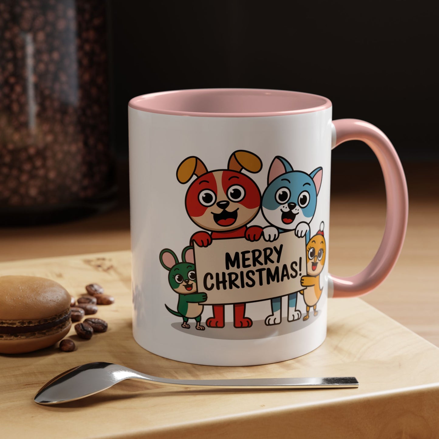 Christmas Mug - Merry Christmas Black Text Mouse Dog Cat Bird