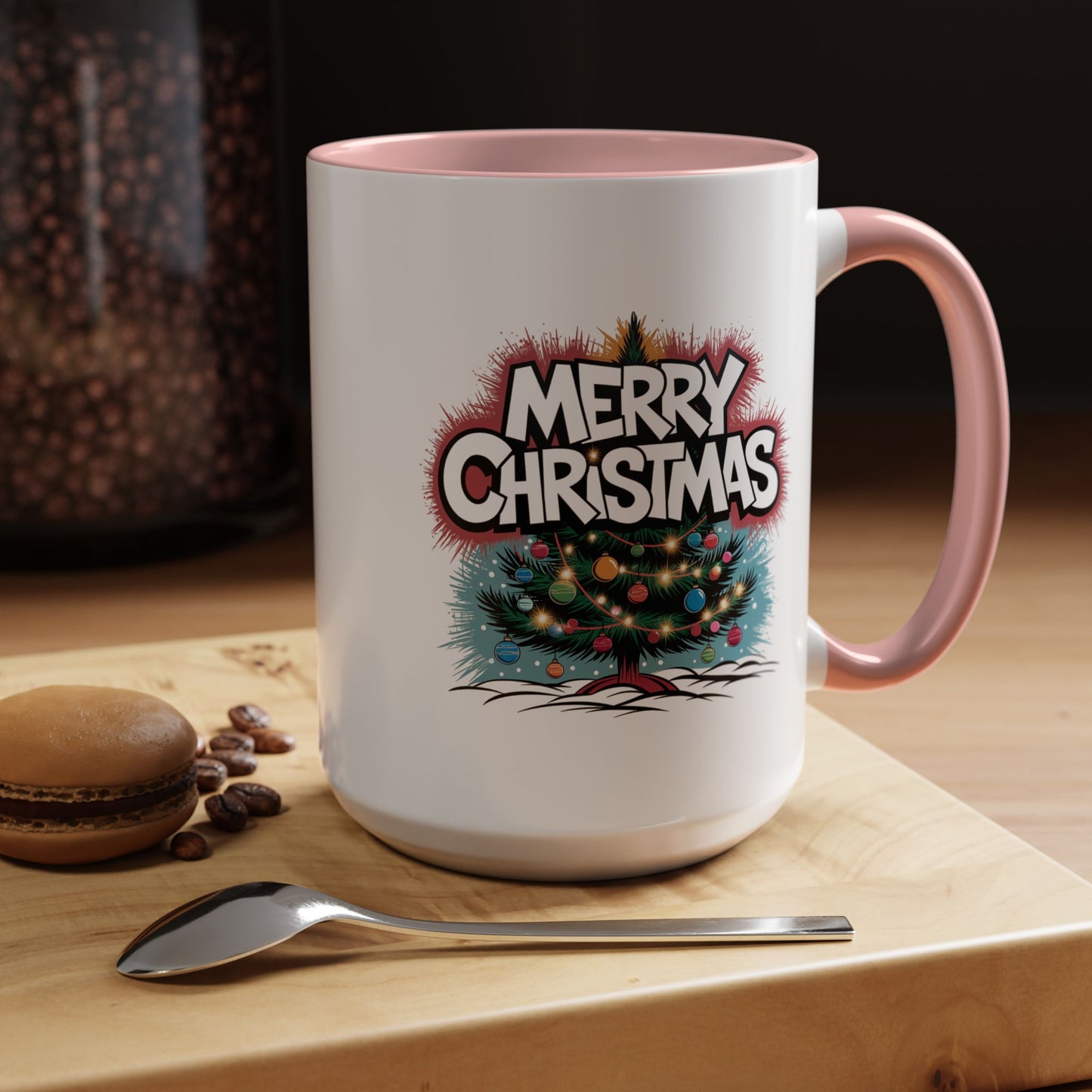 Christmas Mug - Merry Christmas White & Red Text Tree Lights