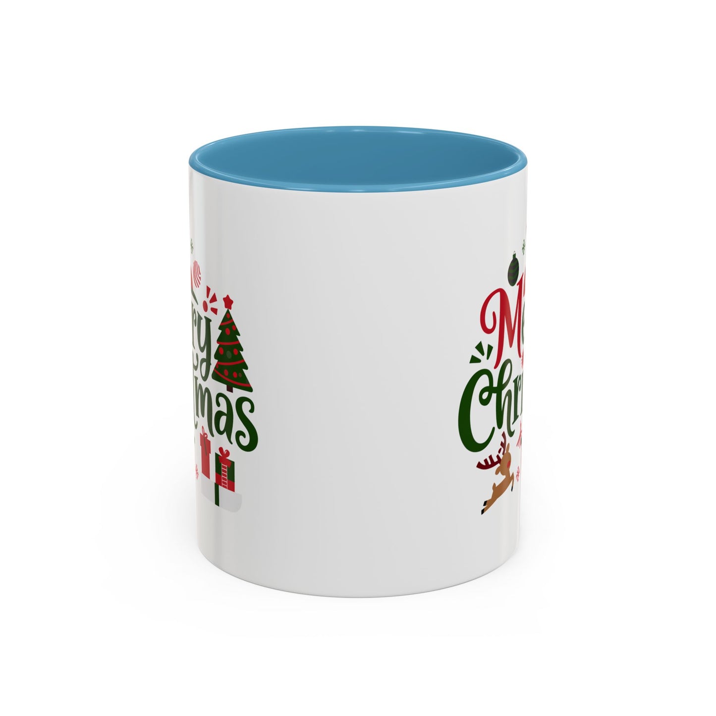 Christmas Mug - Merry Christmas Red & Green Text Santa Reindeer Tree Sleigh Ornaments