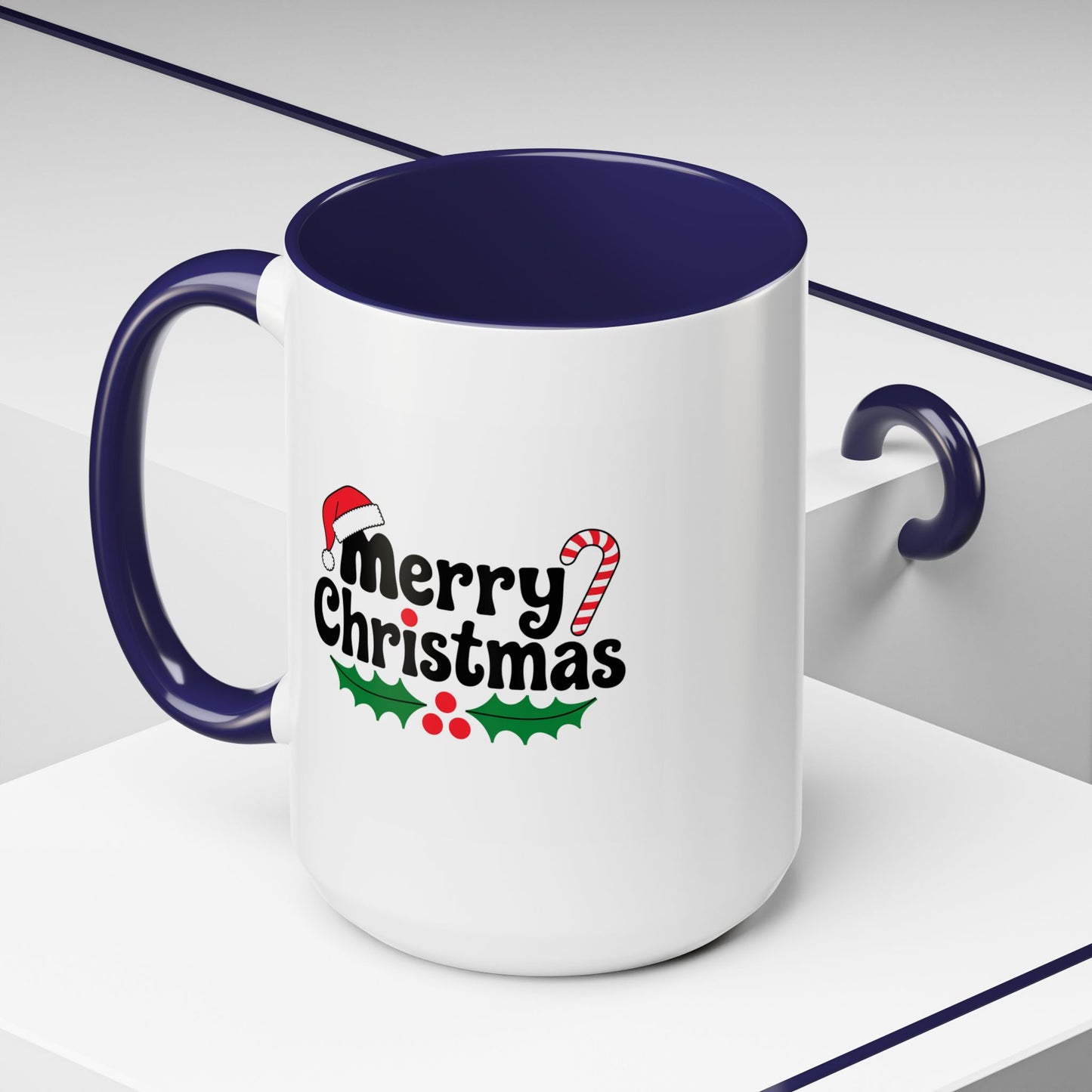 Christmas Mug - Merry Christmas Black Text Hat Cane Misletoe