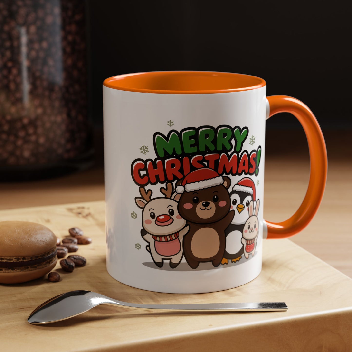Christmas Mug - Merry Christmas Green & Red Text Cute Animals