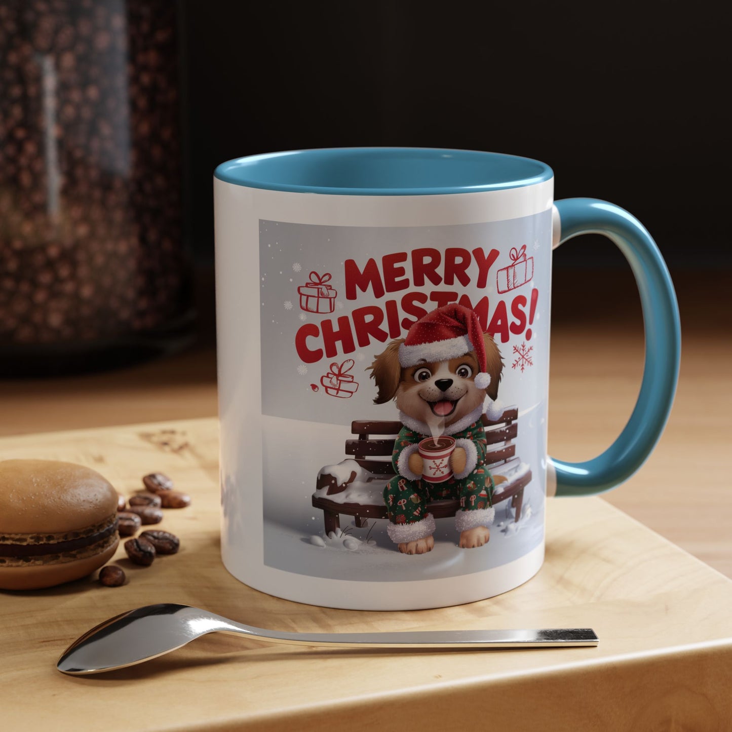Christmas Mug - Merry Christmas Red Text Puppy Green Top 2