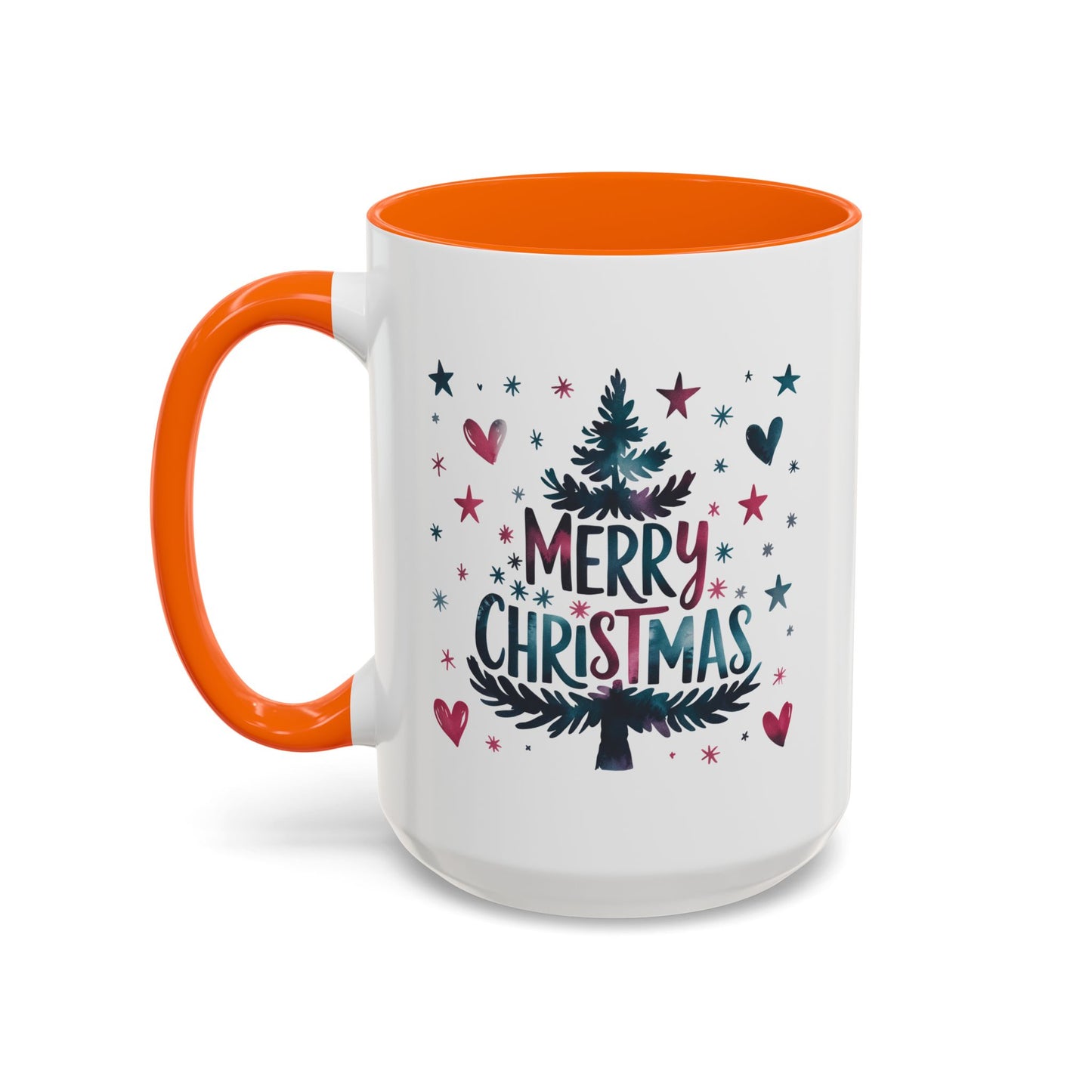 Christmas Mug - Merry Christmas Maroon & Blue Text Tree Hearts Stars